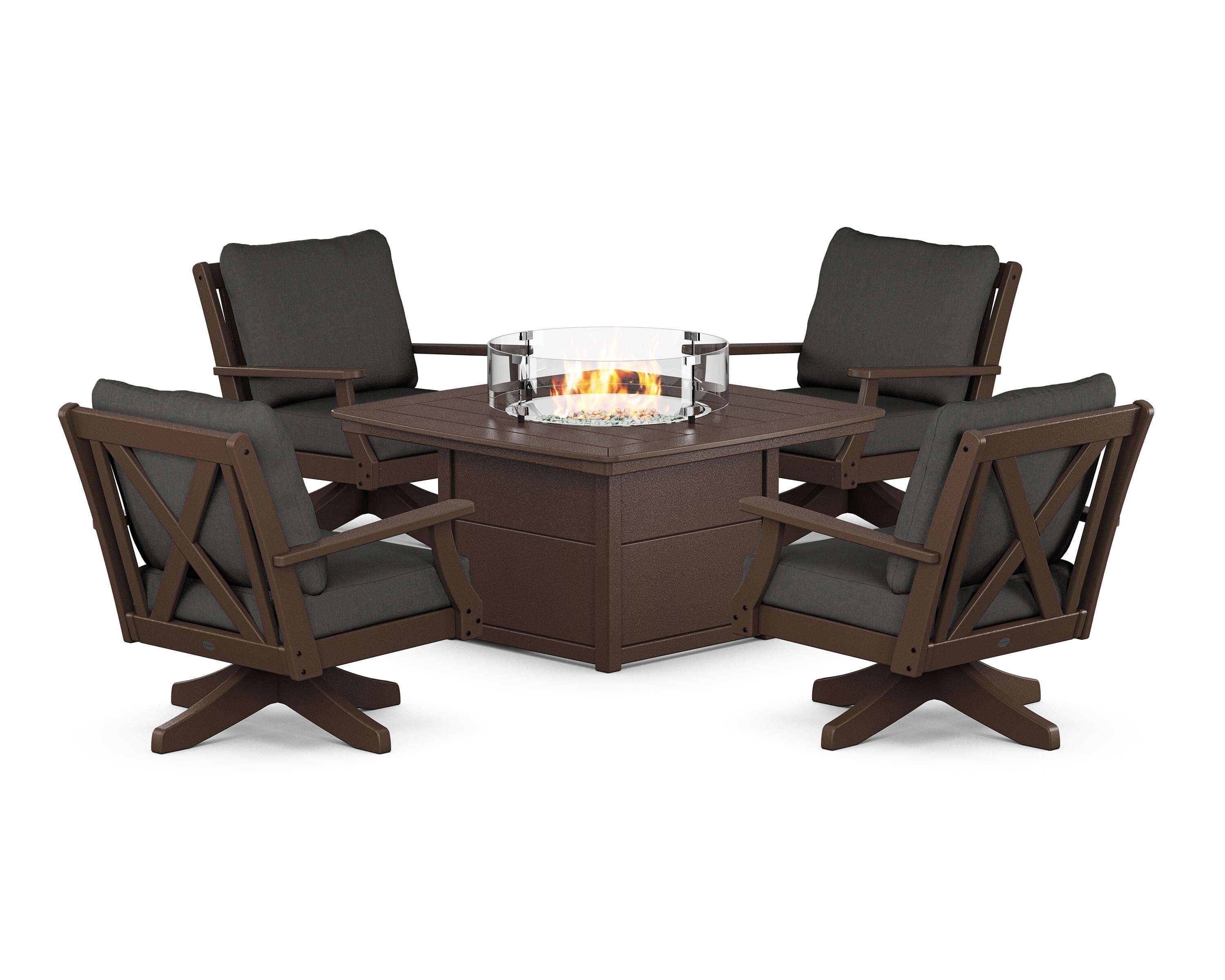 POLYWOOD Braxton 5-Piece Deep Seating Swivel Conversation Set with Fire Pit Table in Mahogany / Spectrum Carbon
