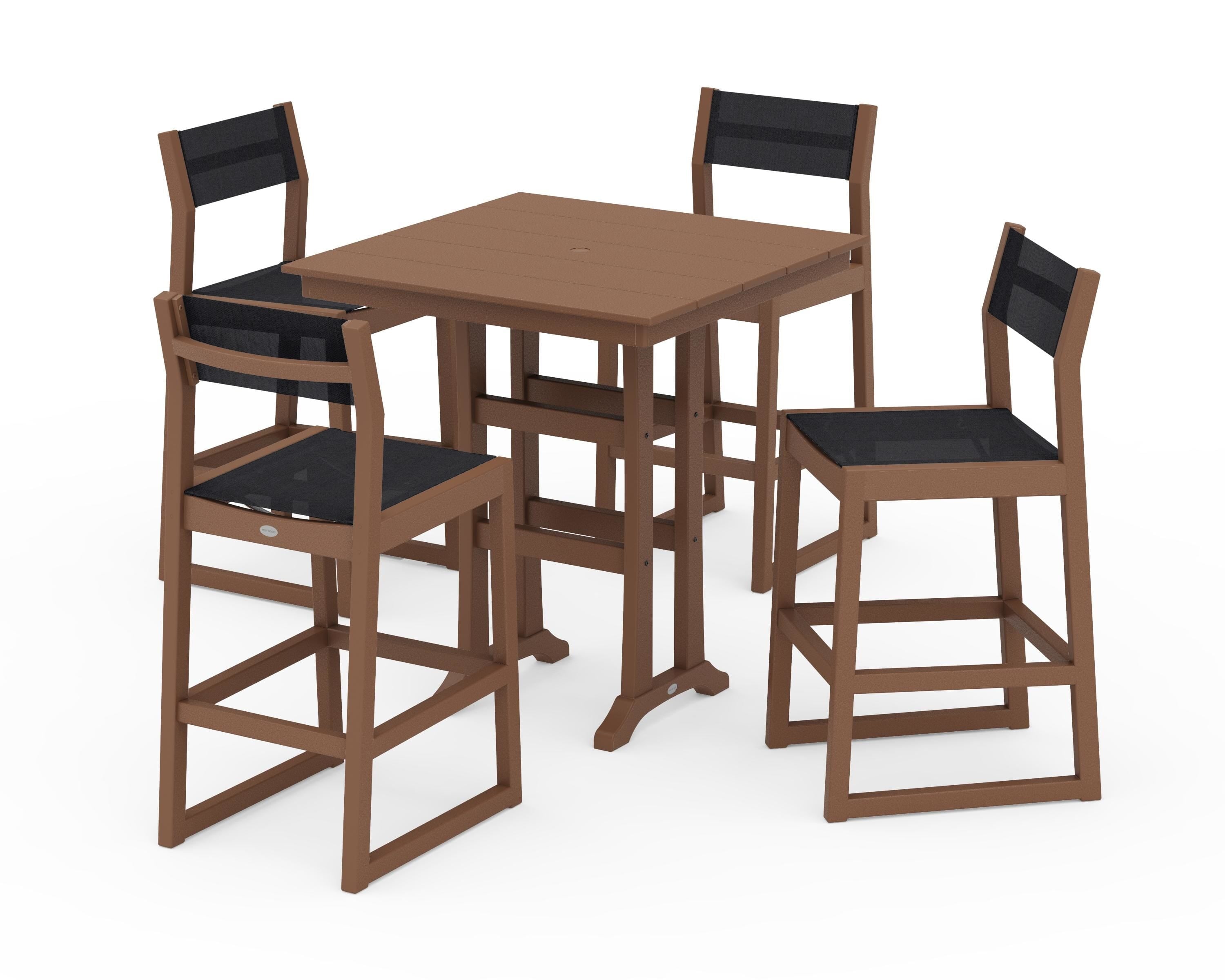 POLYWOOD EDGE Sling Arm Chair 5-Piece Farmhouse Bar Set with Trestle Legs in Teak / Black Sling