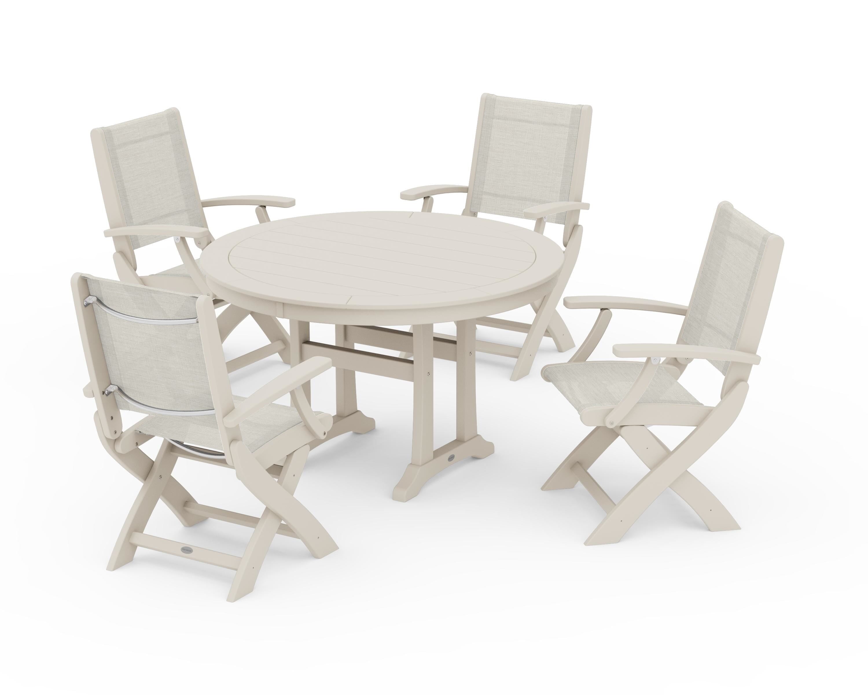 POLYWOOD Coastal Folding Chair 5-Piece Round Dining Set with Trestle Legs in Sand / Parchment Sling