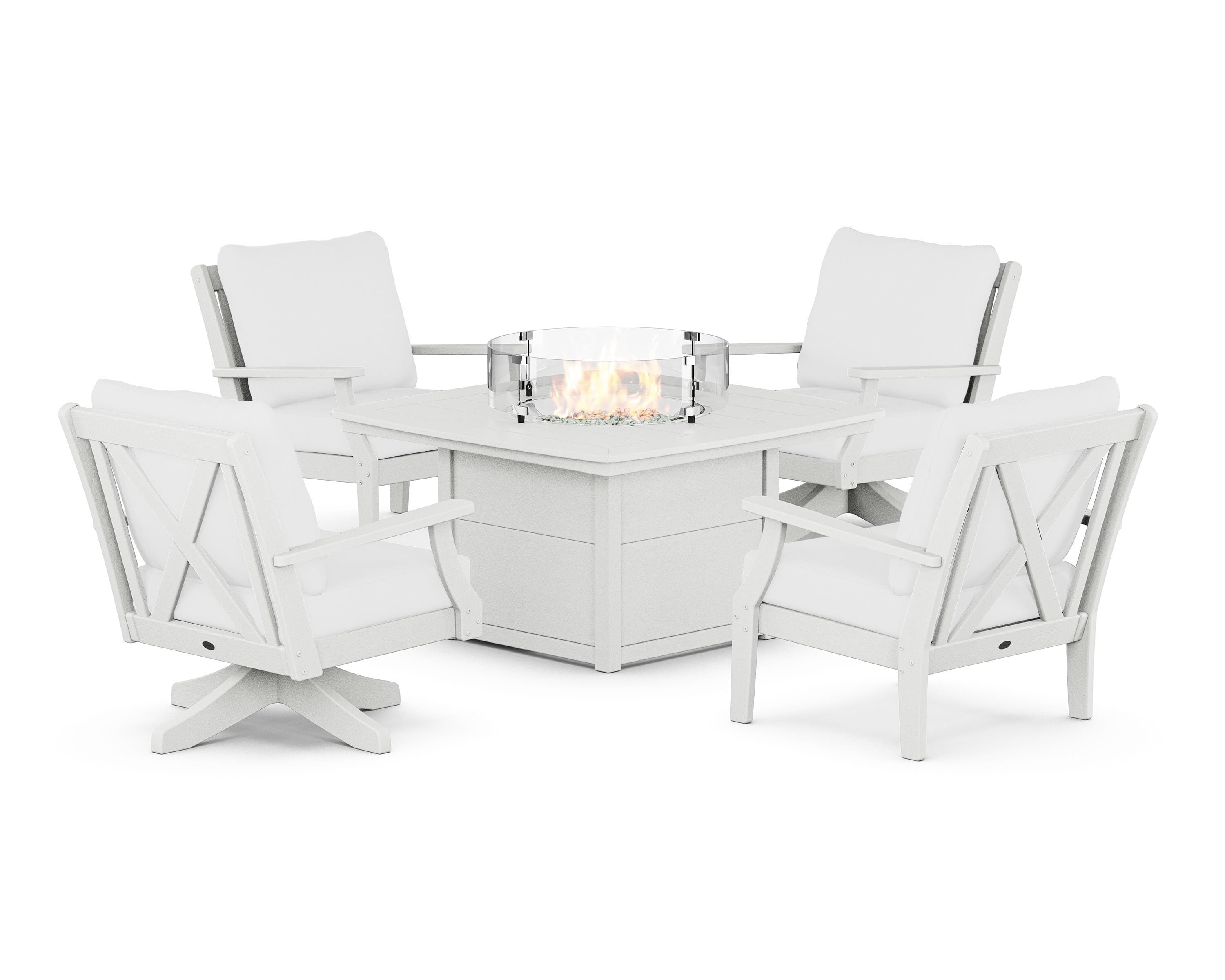 POLYWOOD Braxton 5-Piece Deep Seating Set with Fire Table in Vintage White / Natural