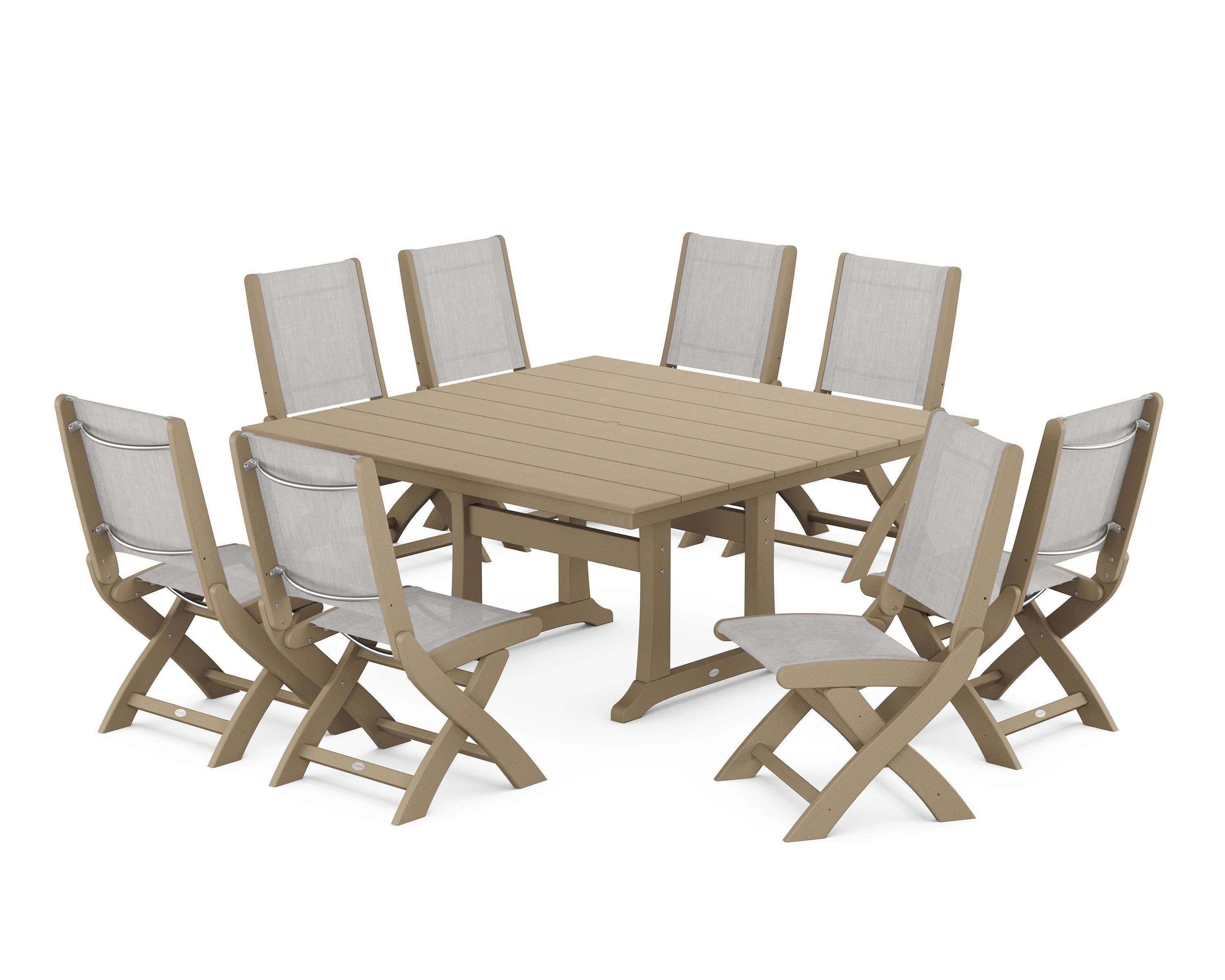 POLYWOOD Coastal Folding Side Chair 9-Piece Farmhouse Dining Set in Vintage Sahara / Parchment Sling