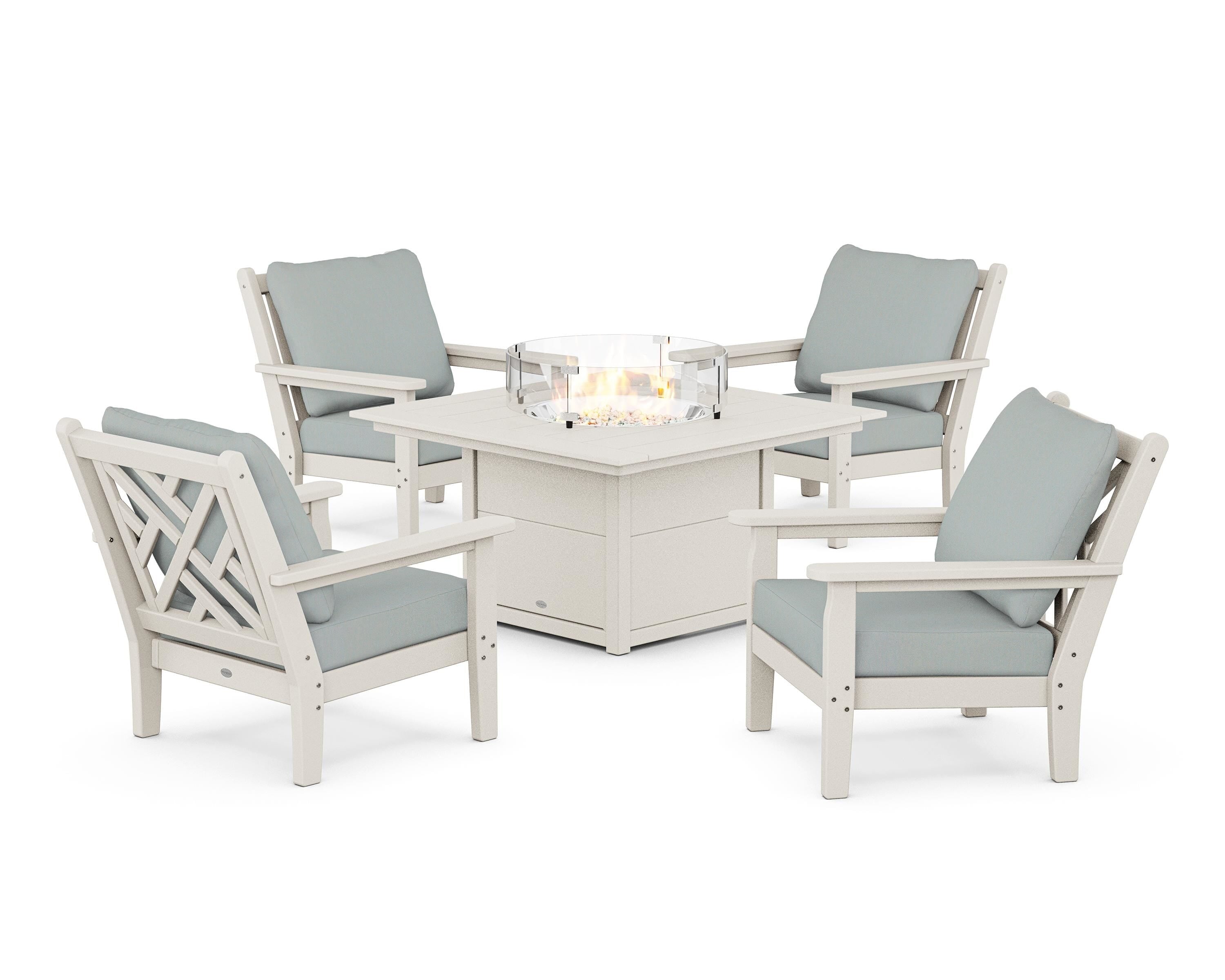 POLYWOOD Chippendale 5-Piece Deep Seating Set with Fire Pit Table in Sand / Spa