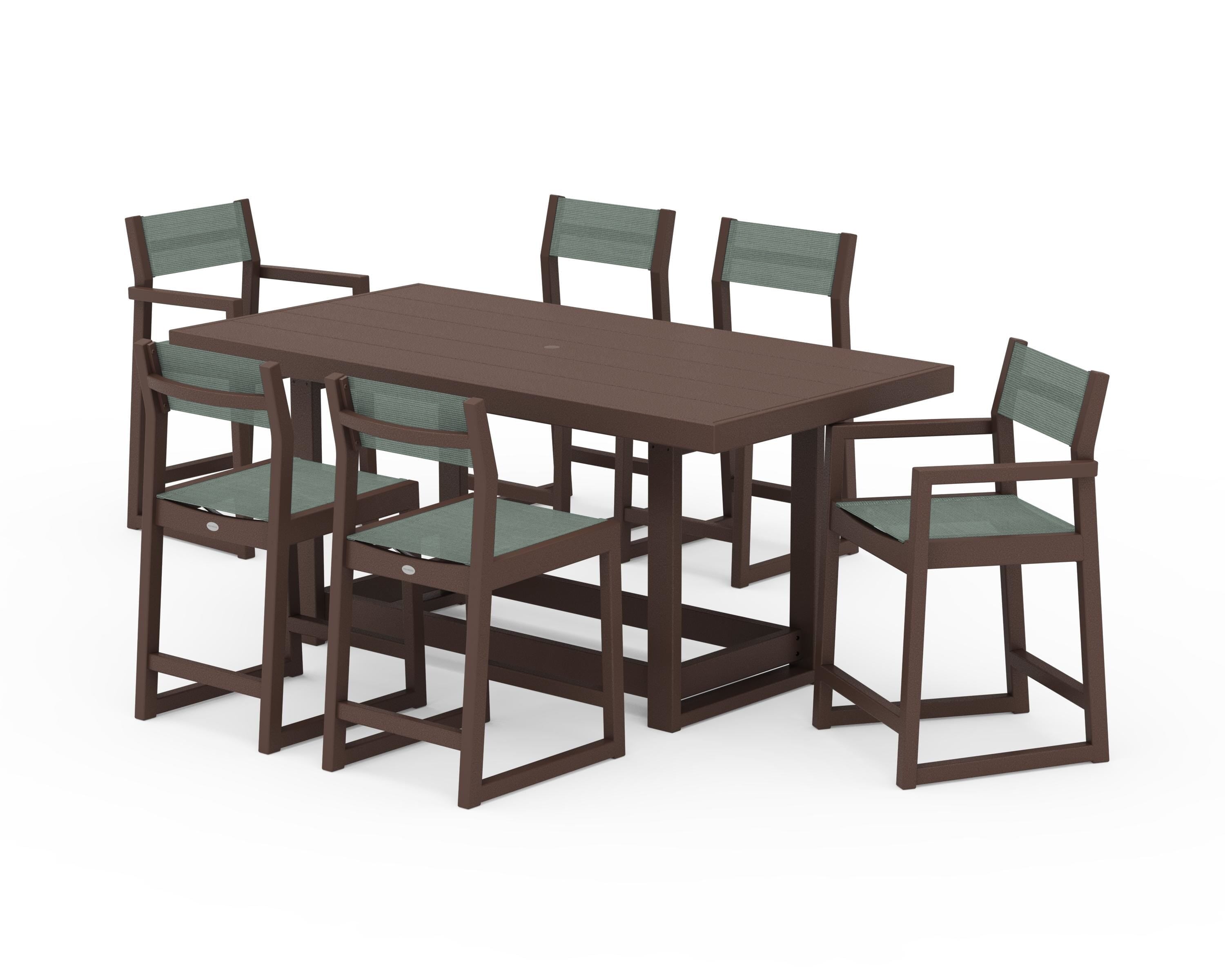 POLYWOOD EDGE Sling 7-Piece Counter Table Set in Mahogany / Dupioni Sea Mist Sling