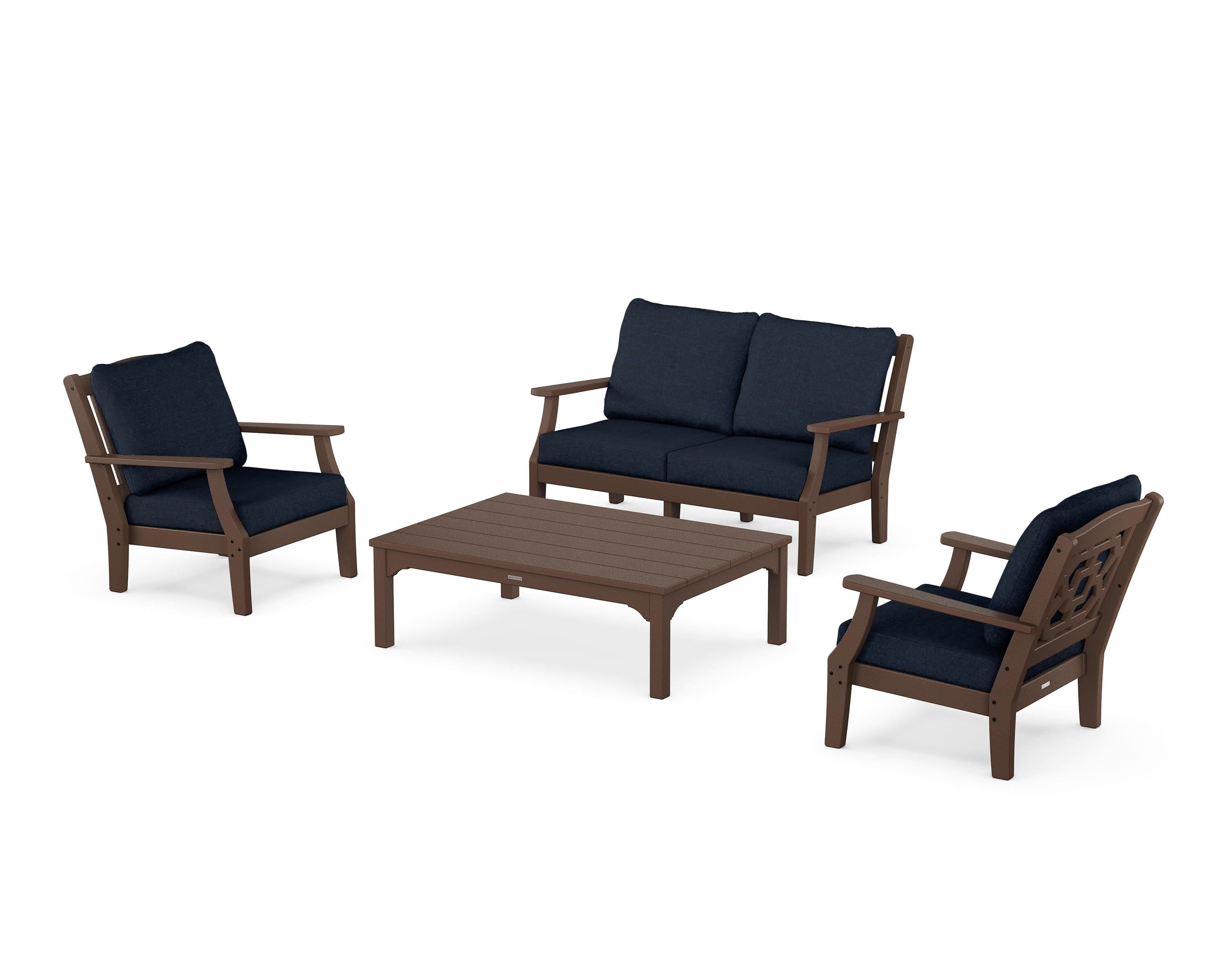 Martha Stewart by POLYWOOD Chinoiserie 4-Piece Deep Seating Set with Loveseat in Mahogany / Marine Indigo