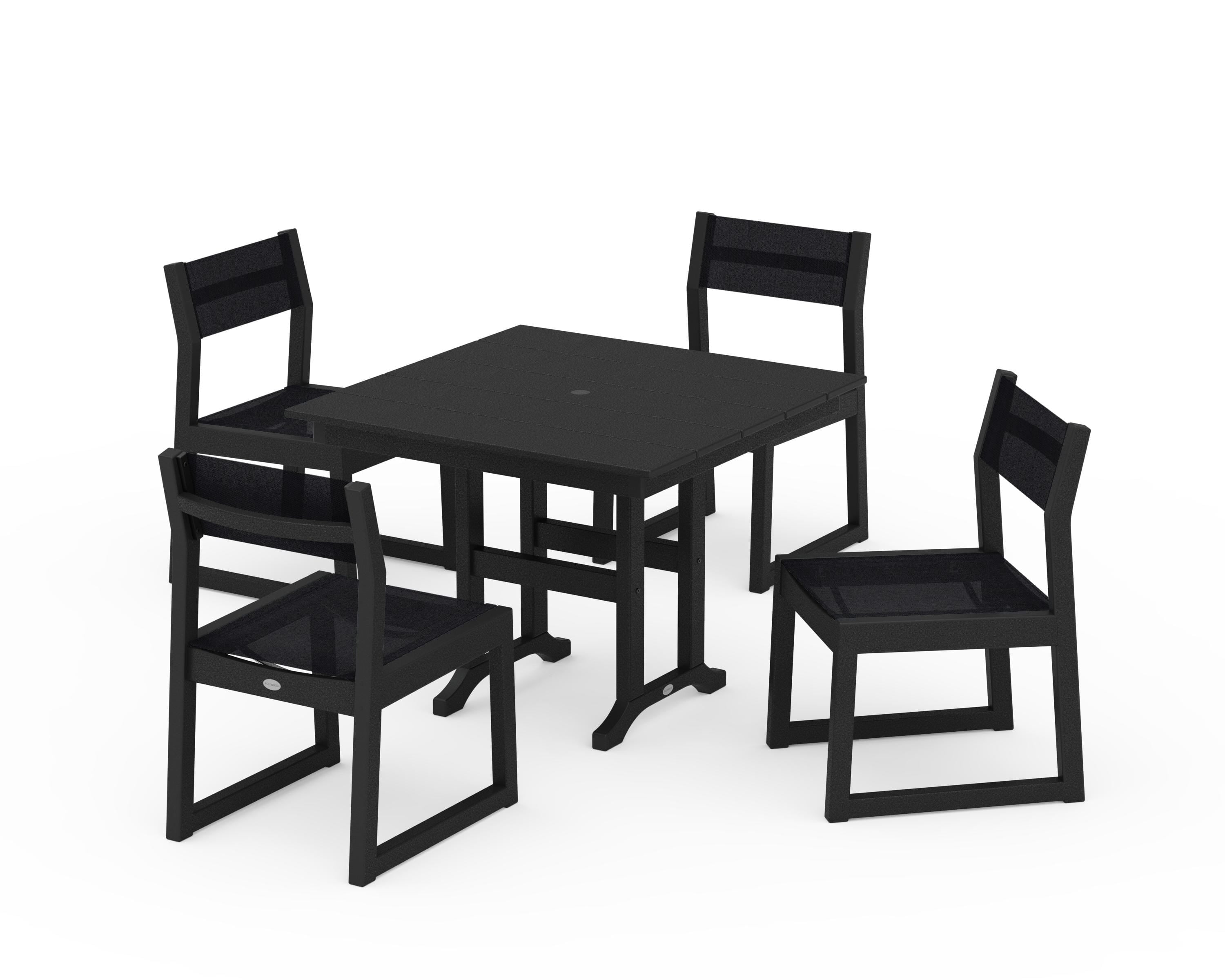 POLYWOOD EDGE Sling Side Chair 5-Piece Farmhouse Dining Set in Black / Black Sling