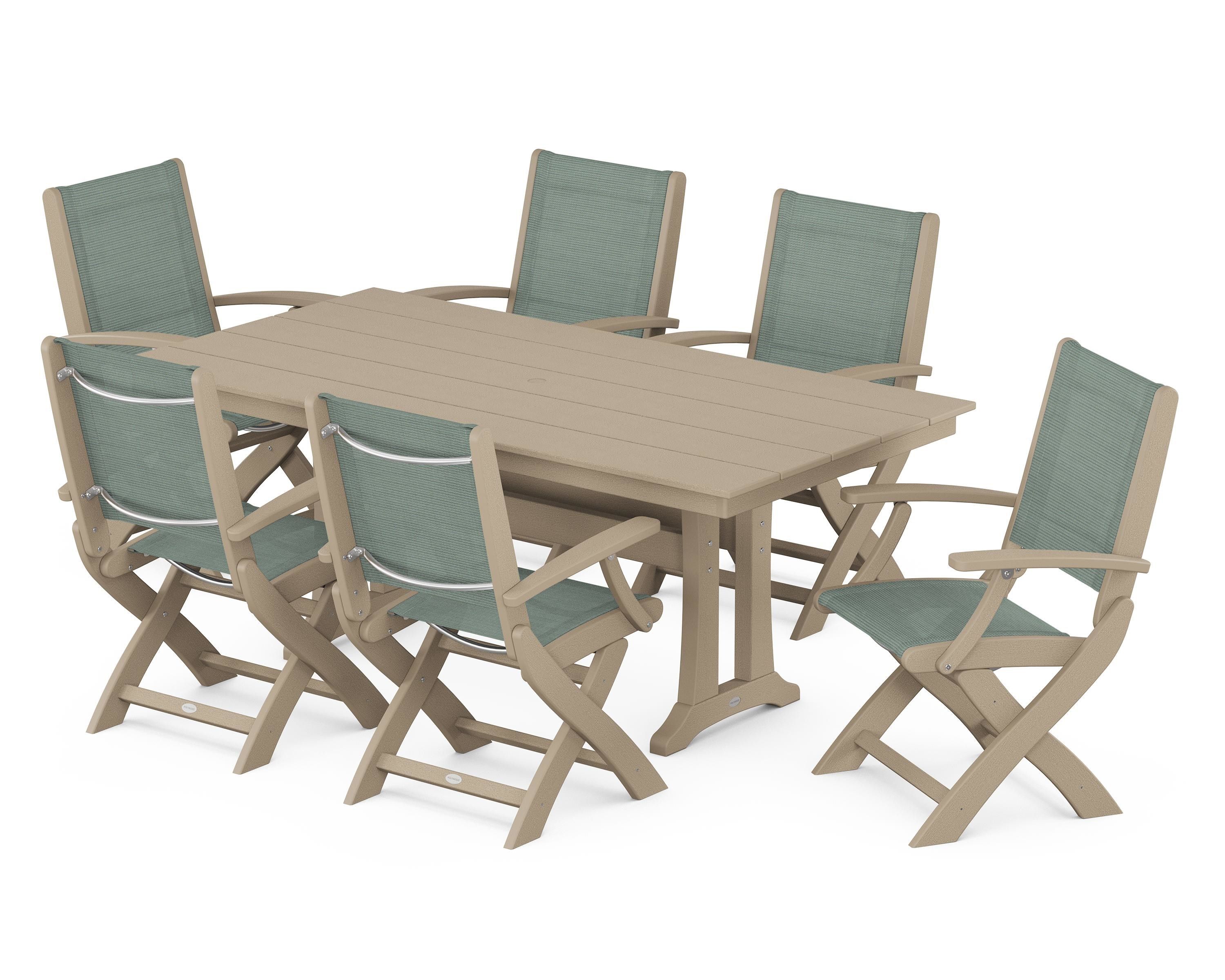 POLYWOOD Coastal Folding Arm Chair 7-Piece Farmhouse Dining Set with Trestle Legs in Vintage Sahara / Dupioni Sea Mist Sling