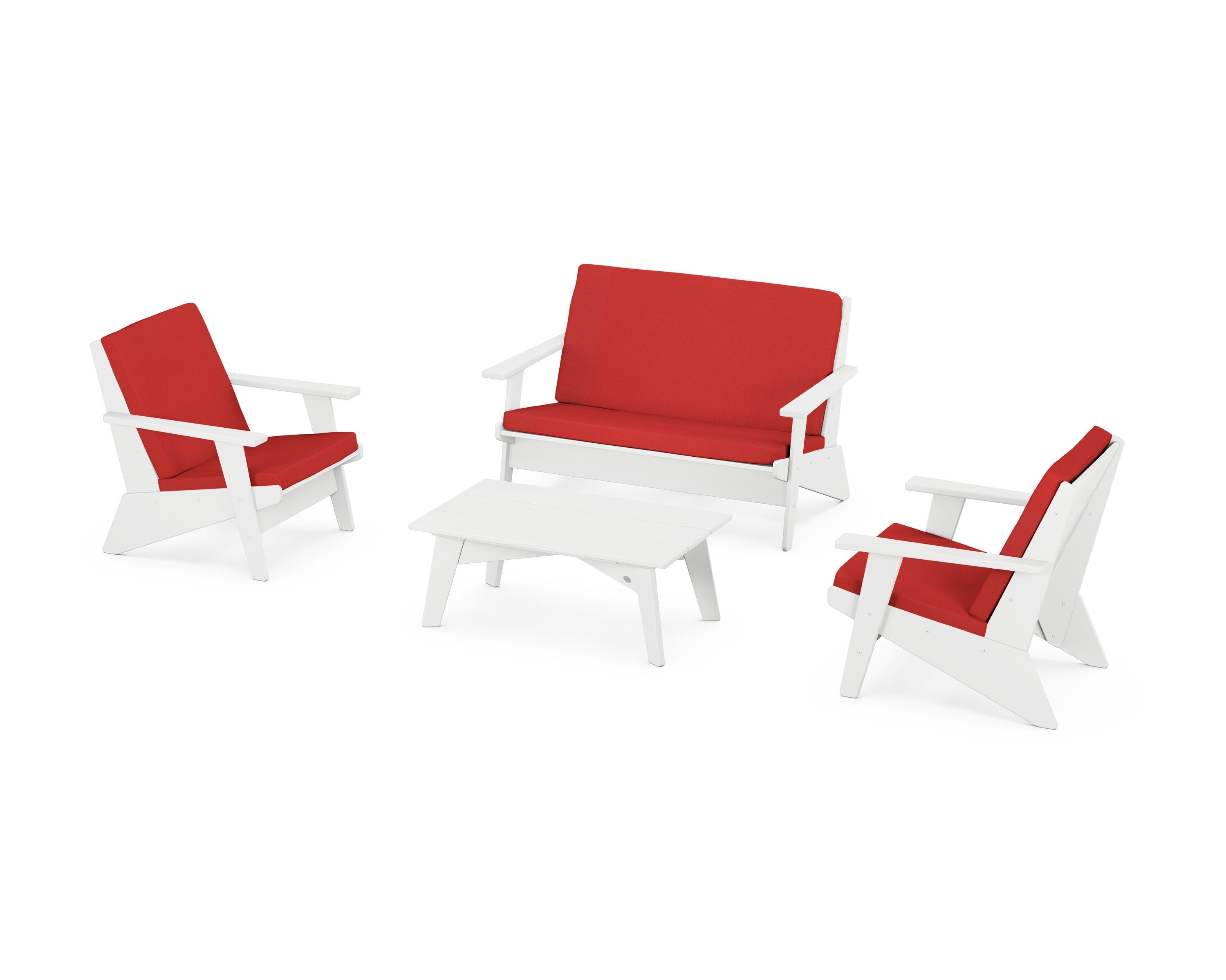 POLYWOOD Riviera Modern Lounge 4-Piece Set in White / Crimson Linen