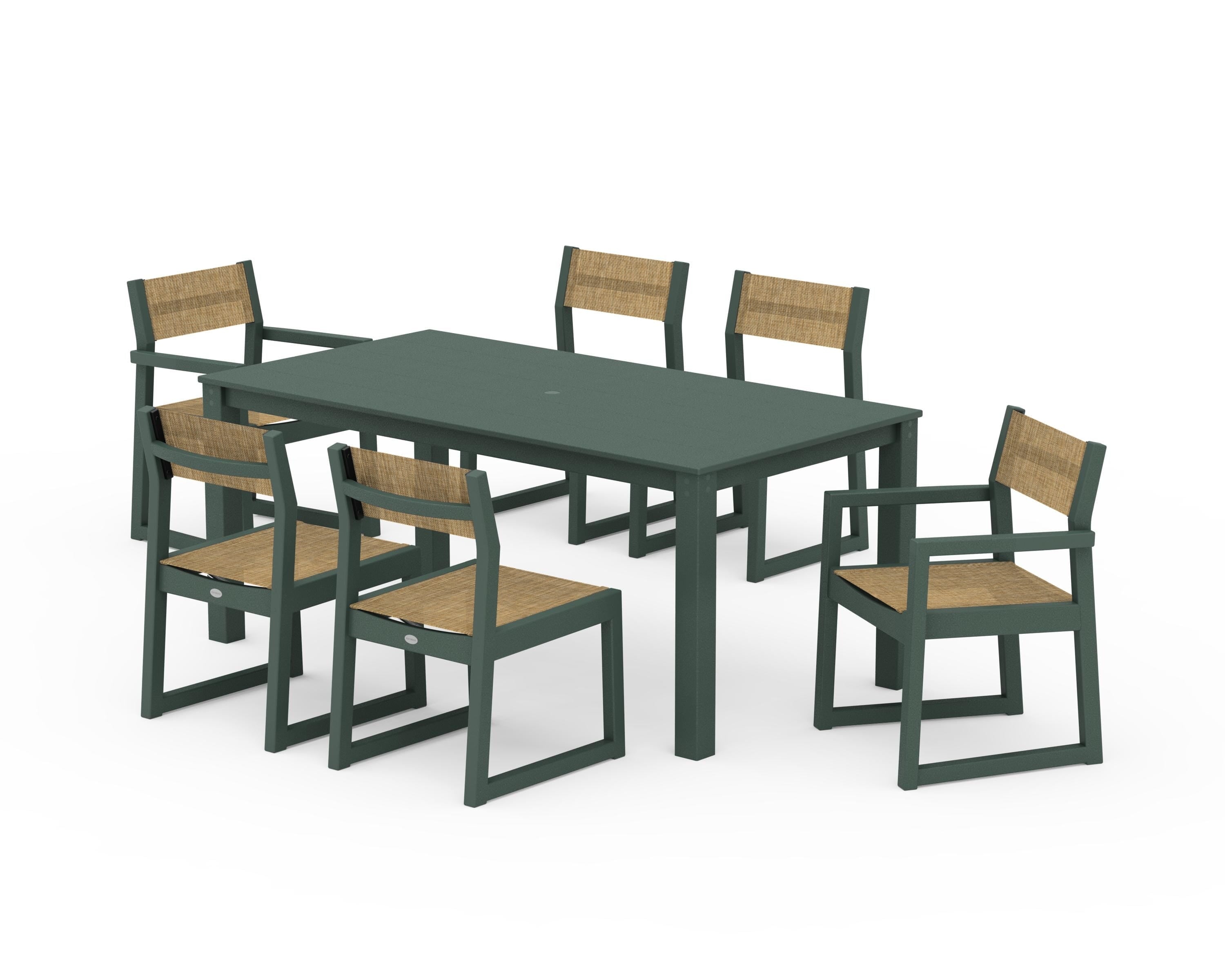 POLYWOOD EDGE Sling 7-Piece Parsons Dining Set in Green / Burlap Sling