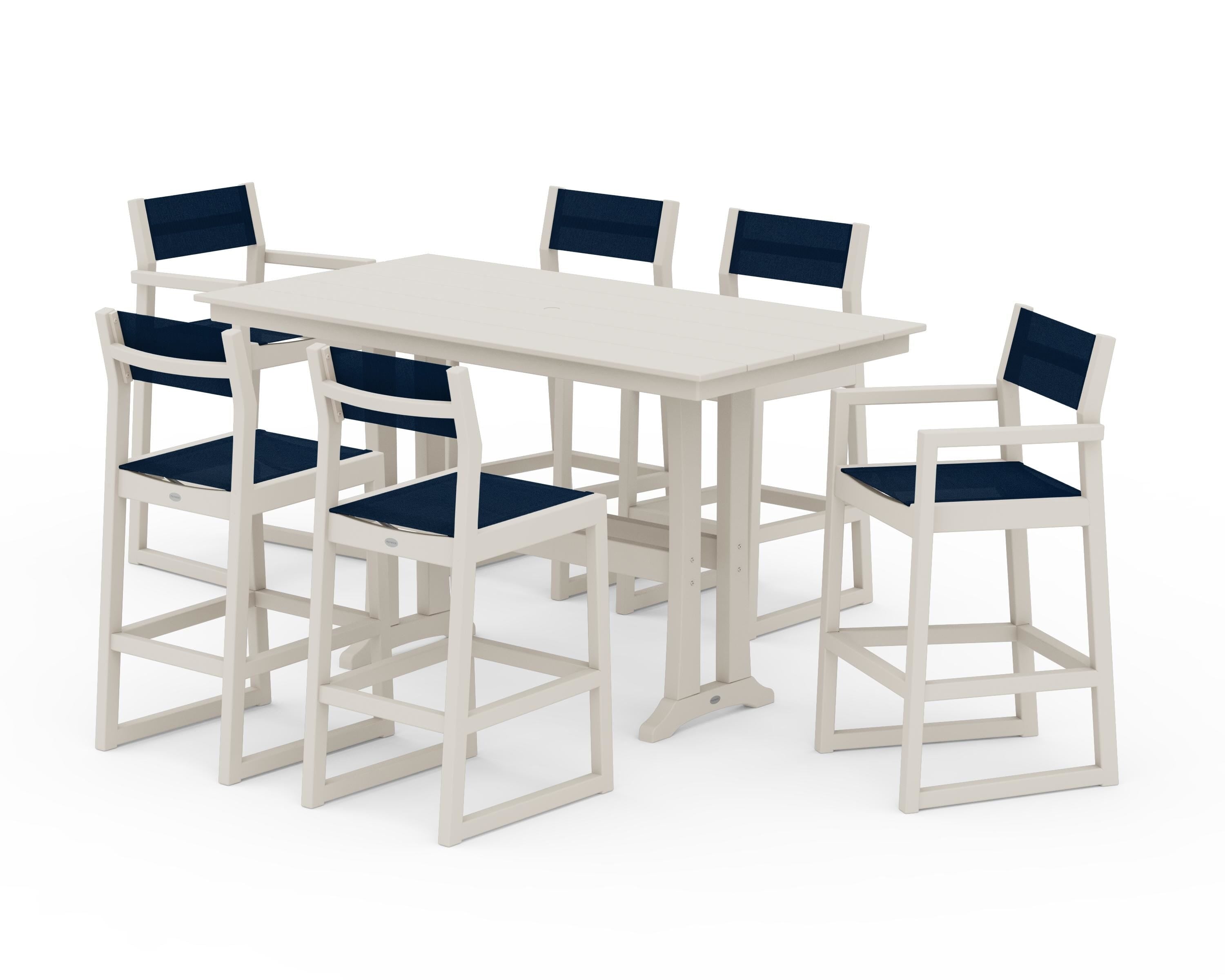 POLYWOOD EDGE Sling 7-Piece Farmhouse Bar Set with Trestle Legs in Sand / Navy Blue Sling