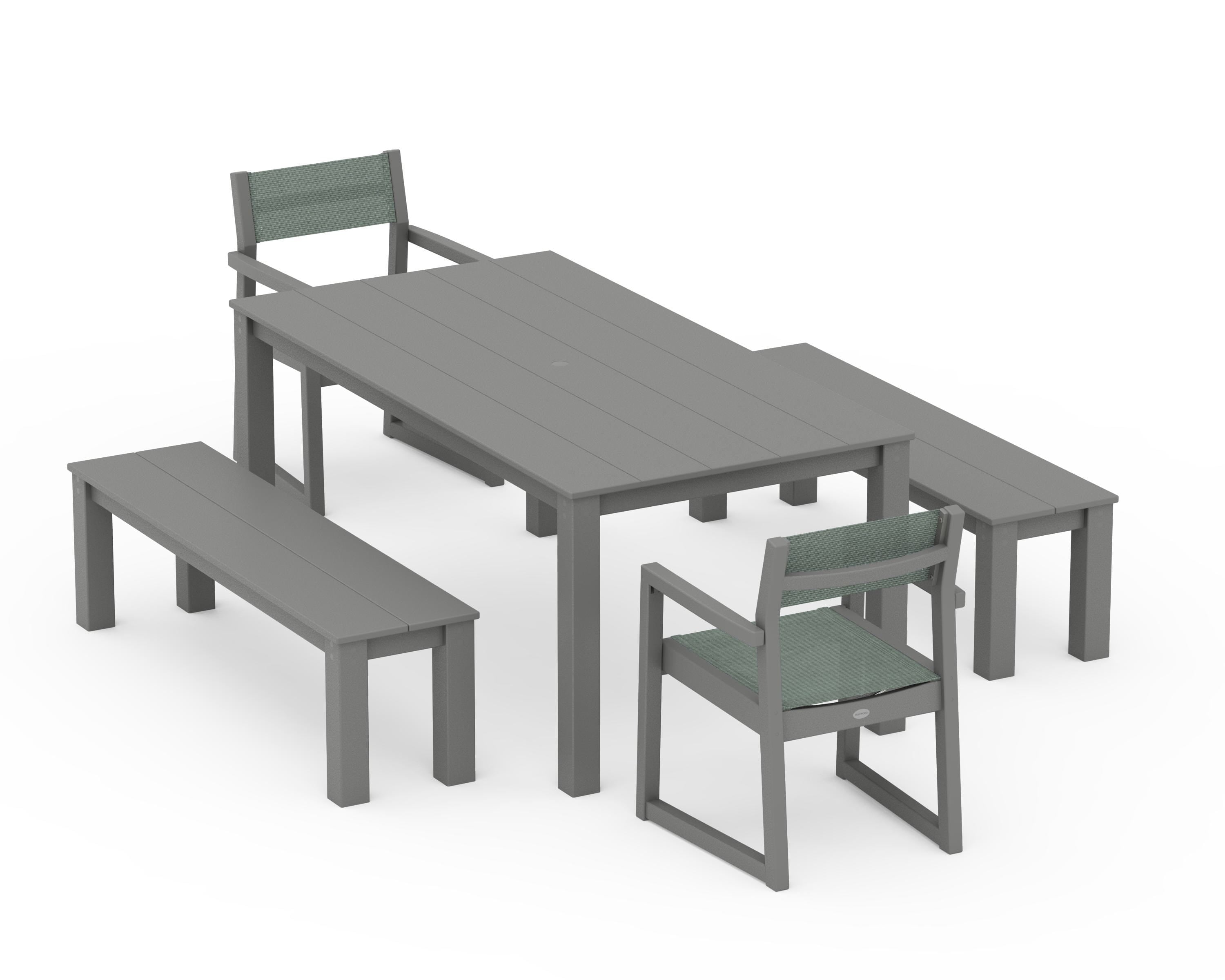 POLYWOOD EDGE Sling Arm Chair 5-Piece Parsons Dining Set with Benches in Slate Grey / Dupioni Sea Mist Sling