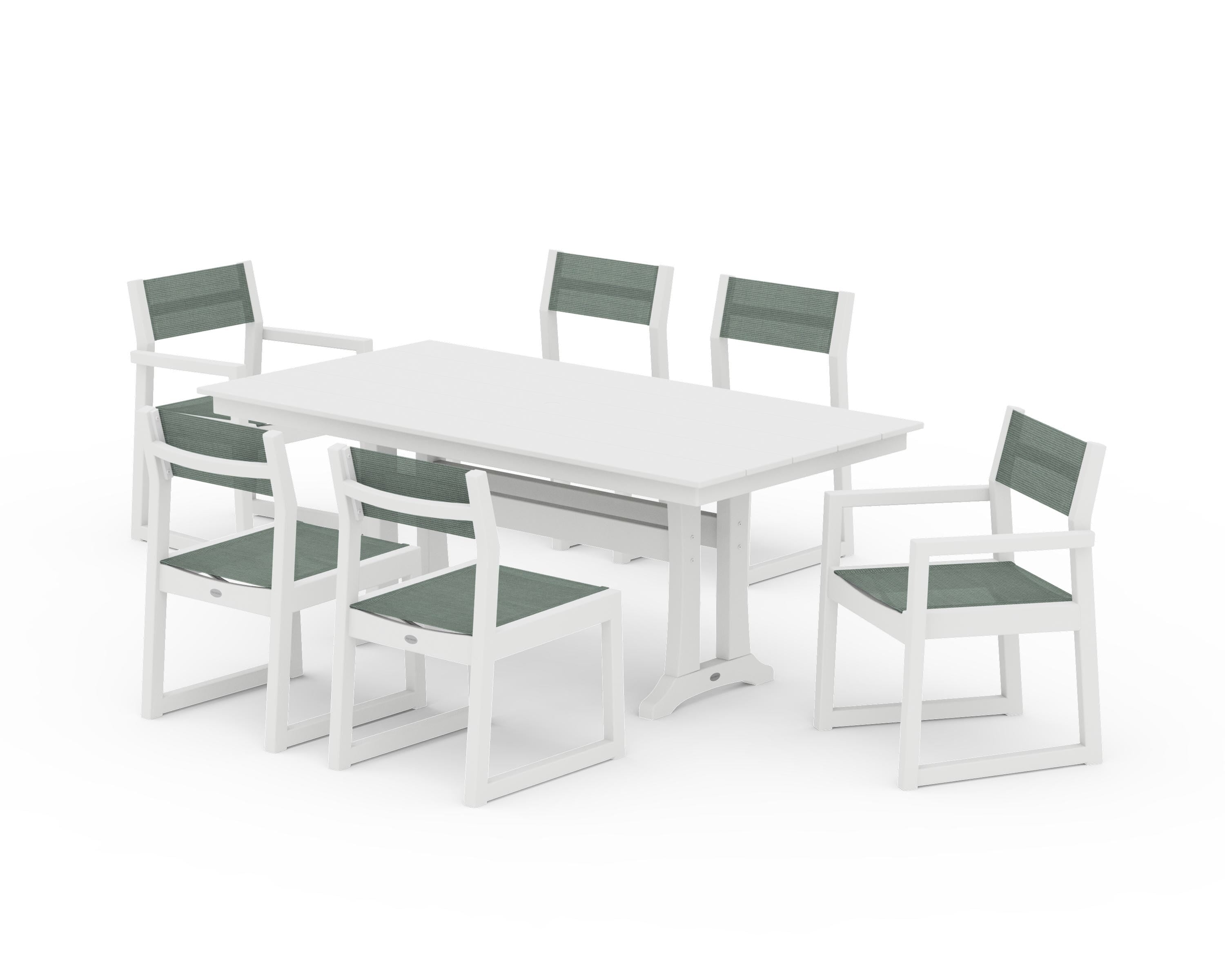 POLYWOOD EDGE Sling 7-Piece Farmhouse Trestle Dining Set in White / Dupioni Sea Mist Sling