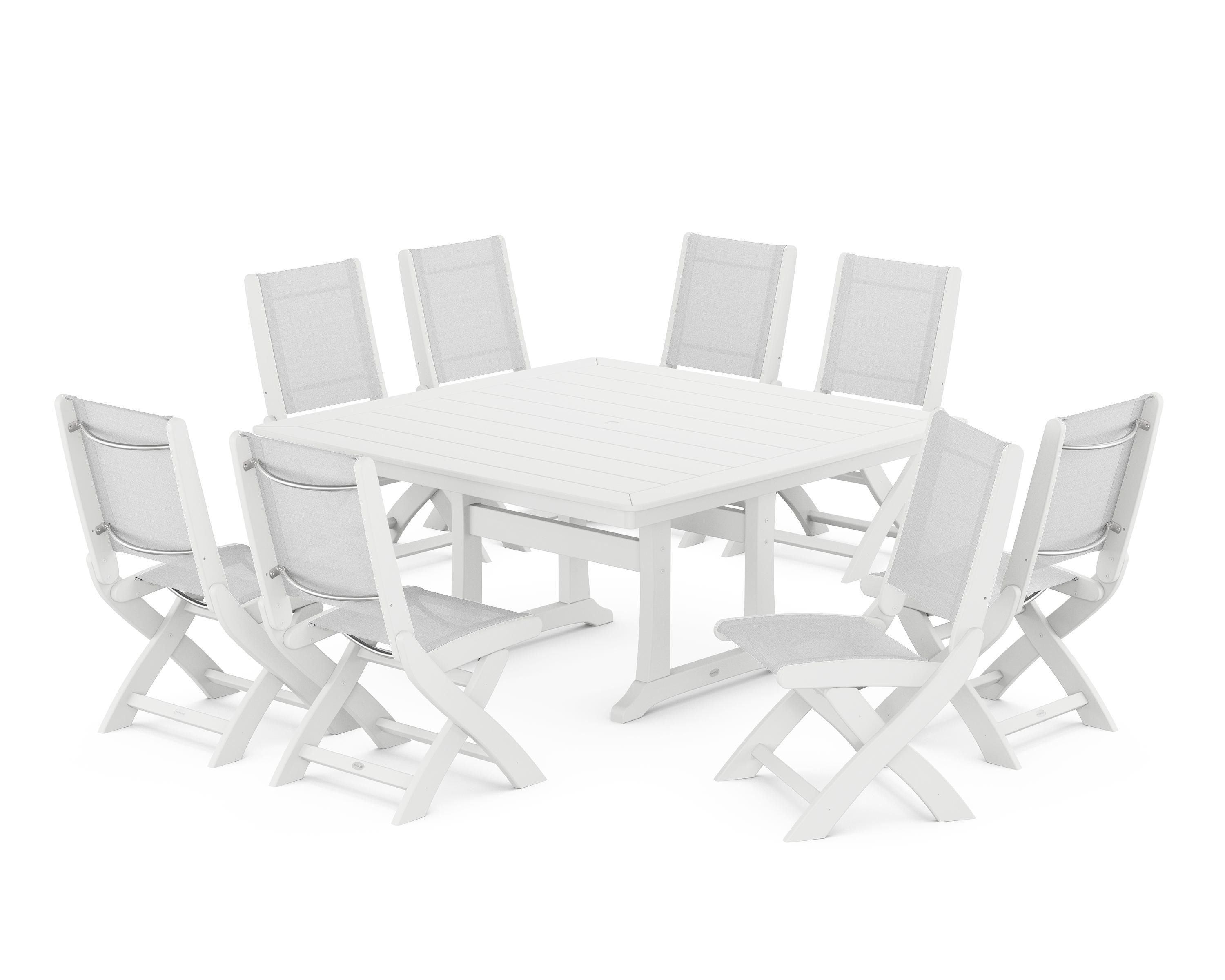 POLYWOOD Coastal Folding Side Chair 9-Piece Dining Set with Trestle Legs in White / White Sling
