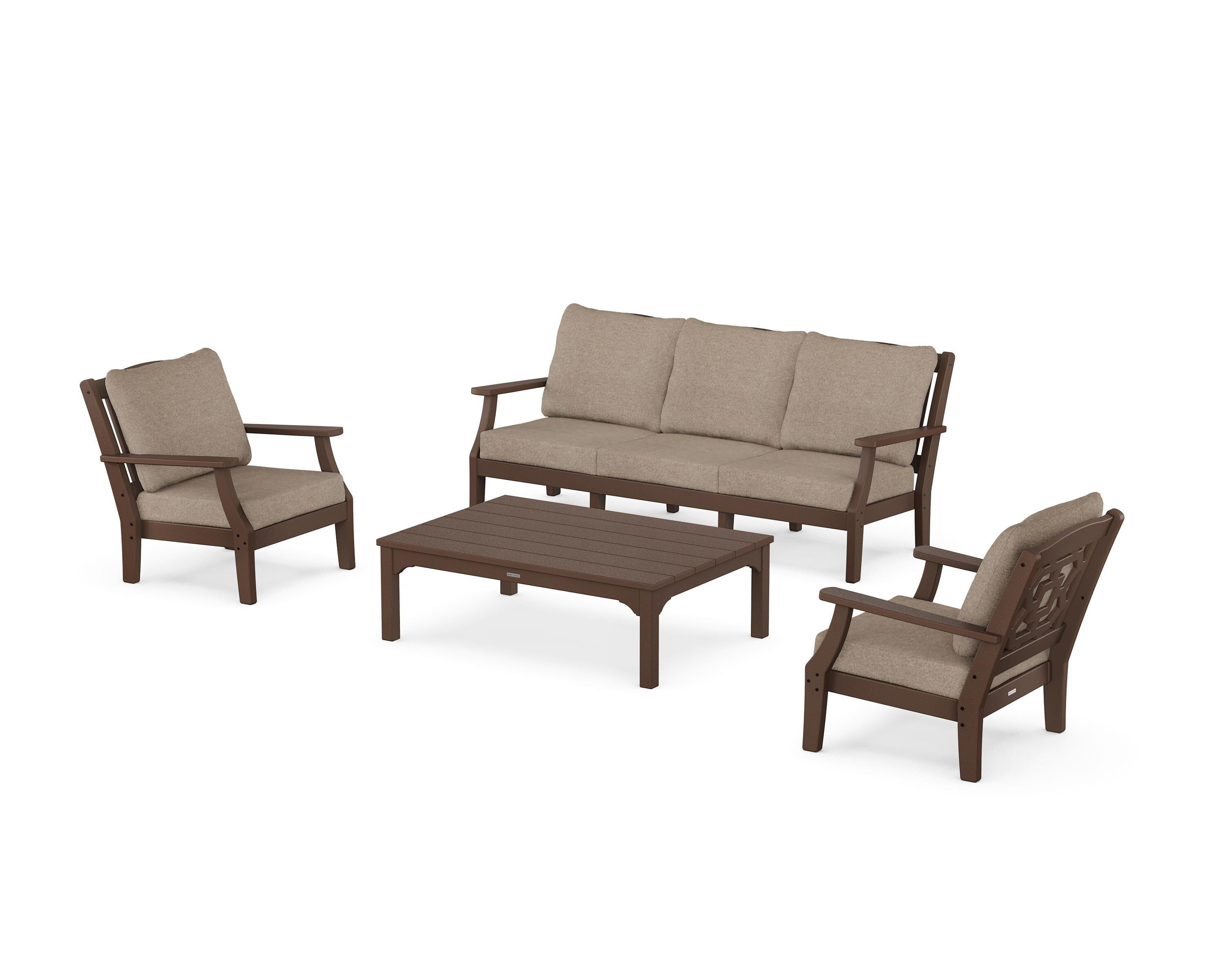 Martha Stewart by POLYWOOD Chinoiserie 4-Piece Deep Seating Set with Sofa in Mahogany / Spiced Burlap