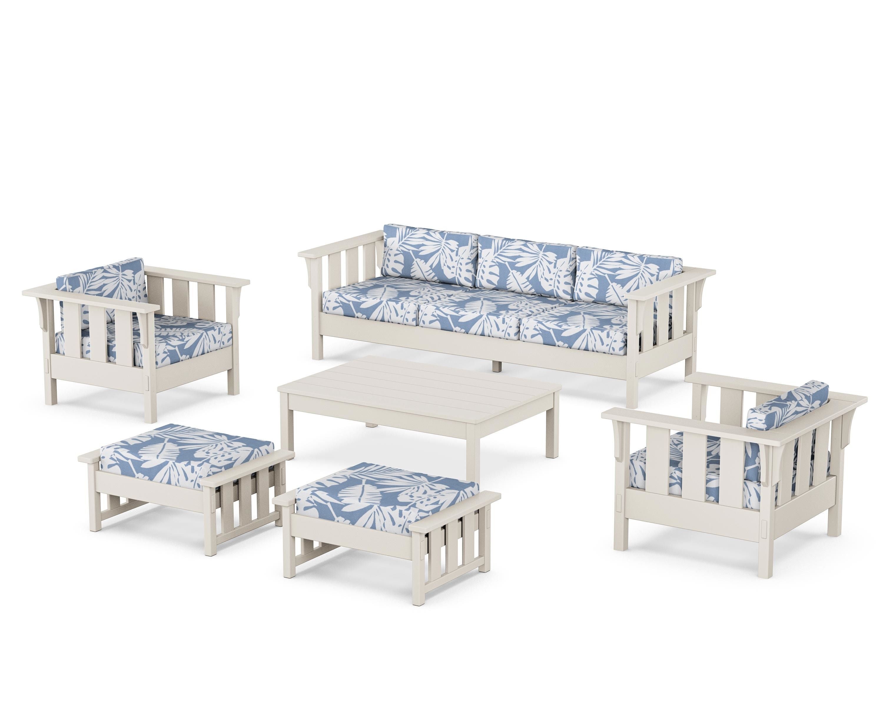 Martha Stewart by POLYWOOD Acadia 6-Piece Lounge Sofa Set in Sand / Leaf Sky Blue