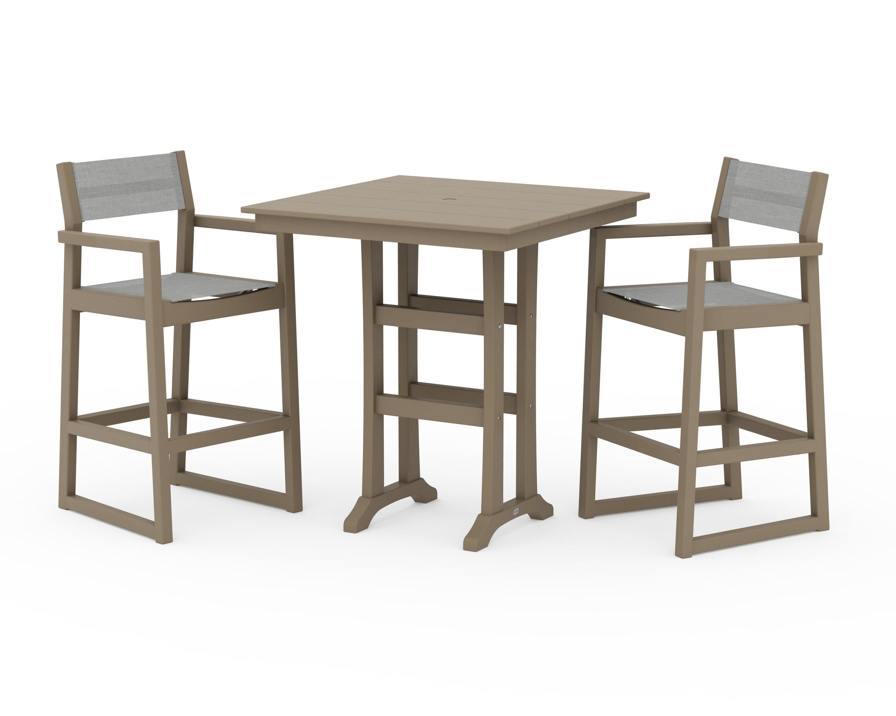 POLYWOOD EDGE Sling Arm Chair 3-Piece Farmhouse Bar Set with Trestle Legs in Vintage Sahara / Metallic Sling
