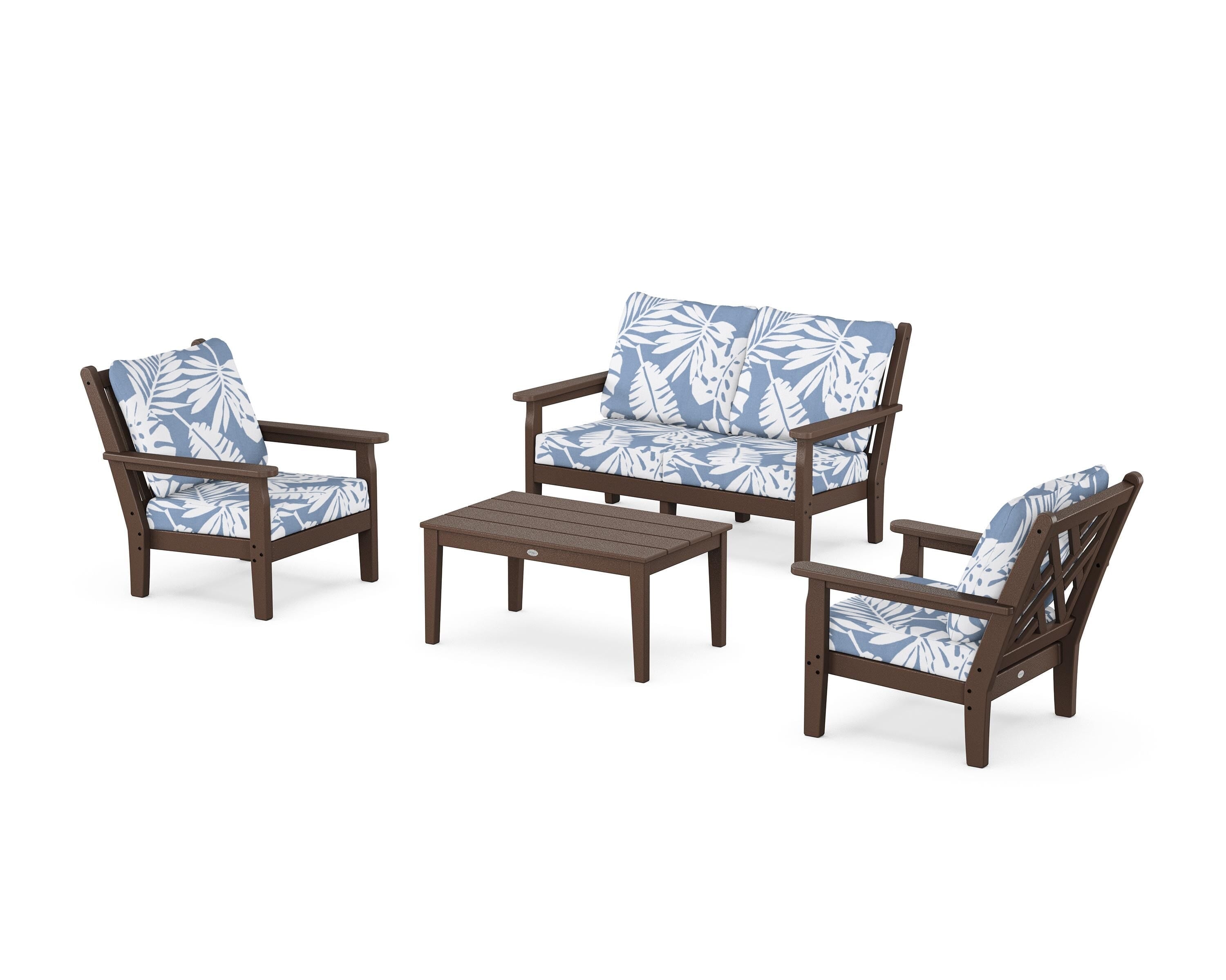 POLYWOOD Chippendale 4-Piece Deep Seating Set with Loveseat in Mahogany / Leaf Sky Blue