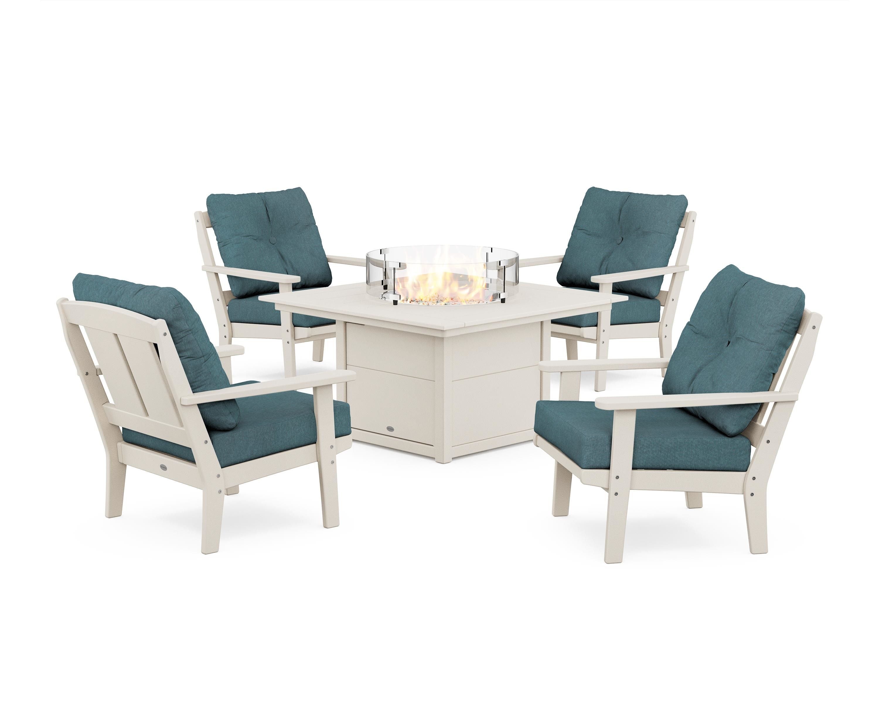 POLYWOOD Mission 5-Piece Deep Seating Set with Fire Pit Table in Sand / Ocean Teal