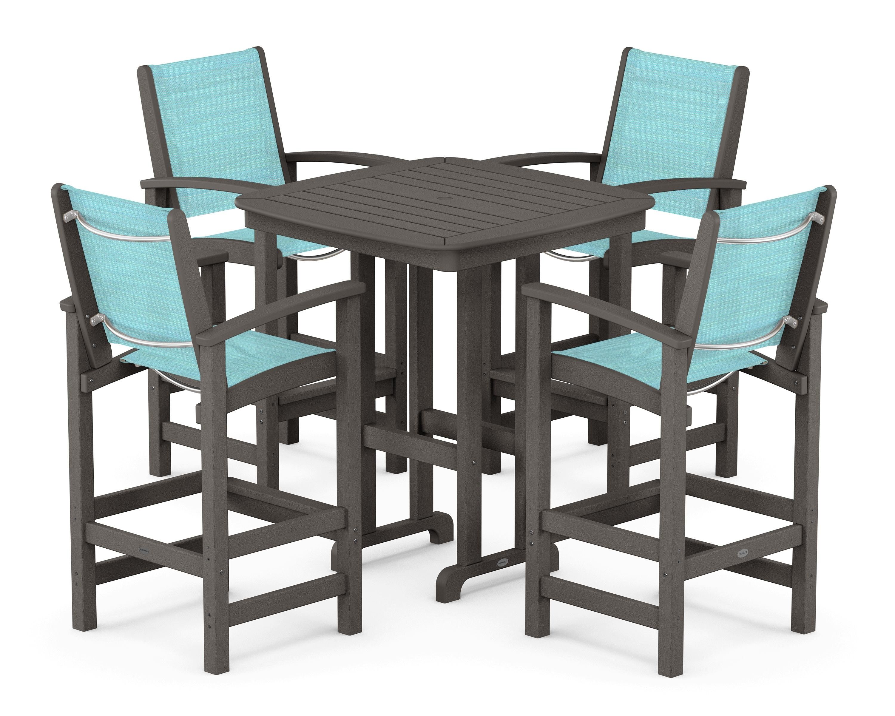 POLYWOOD Coastal 5-Piece Bar Set in Vintage Coffee / Dupioni Aquamarine Sling