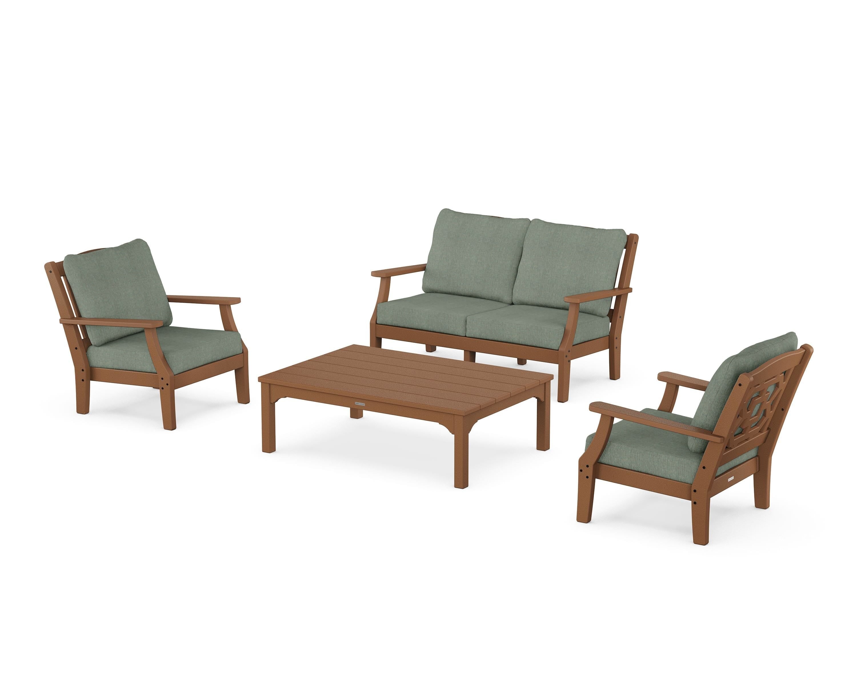 Martha Stewart by POLYWOOD Chinoiserie 4-Piece Deep Seating Set with Loveseat in Teak / Cast Sage