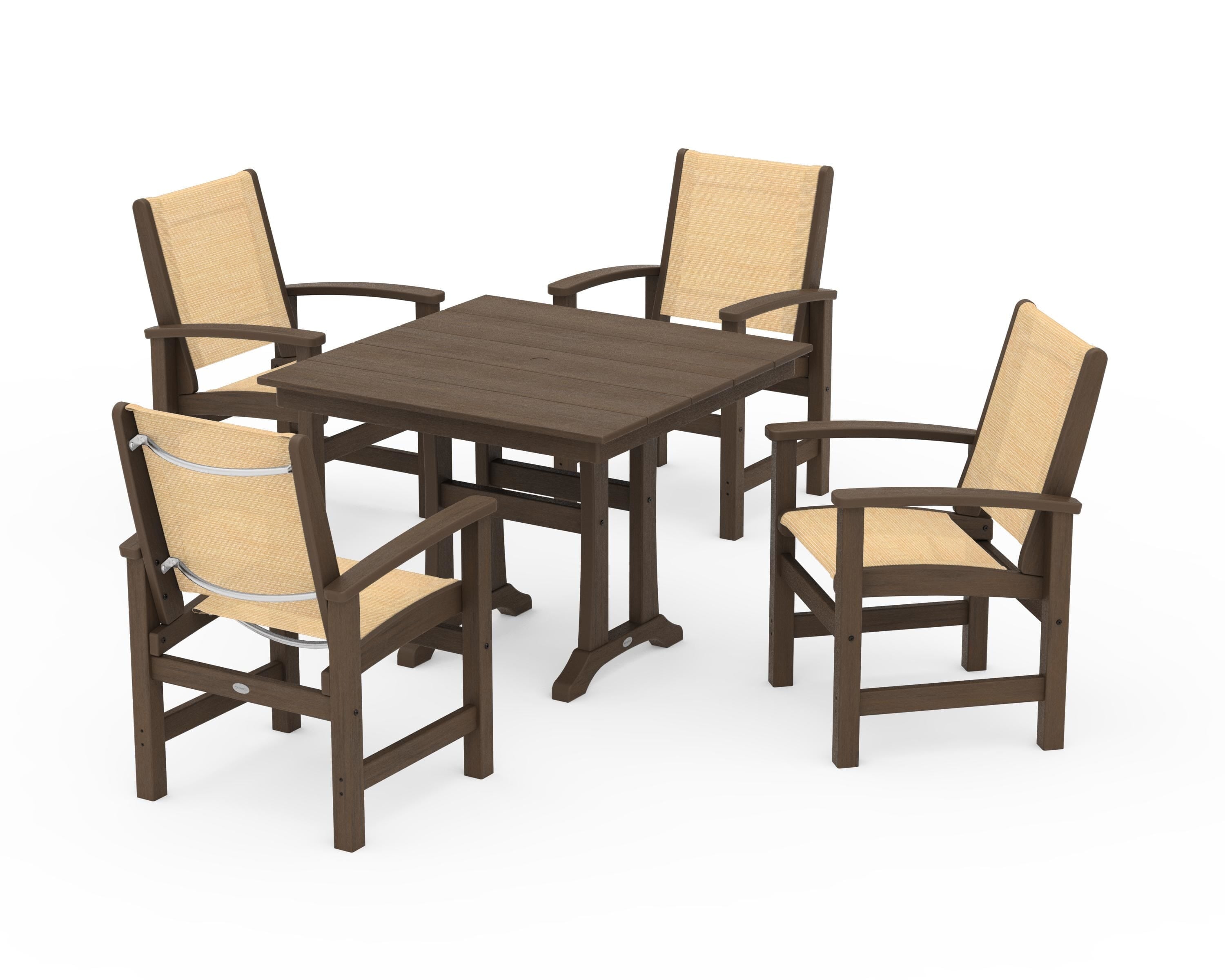 POLYWOOD Coastal 5-Piece Farmhouse Dining Set With Trestle Legs in Kona / Dupioni Apricot Sling
