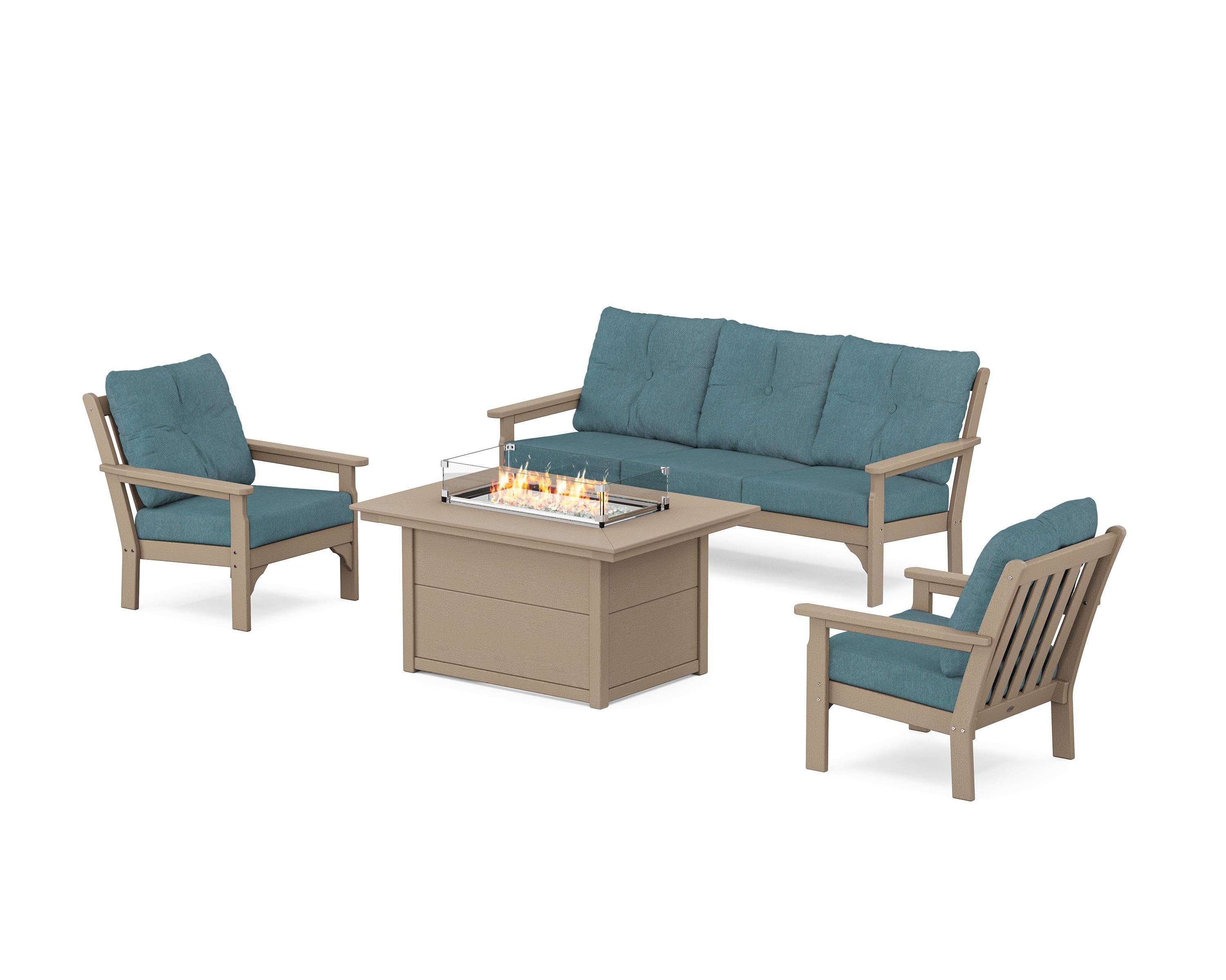 POLYWOOD Vineyard Deep Seating Fire Pit Table Set in Vintage Sahara / Ocean Teal