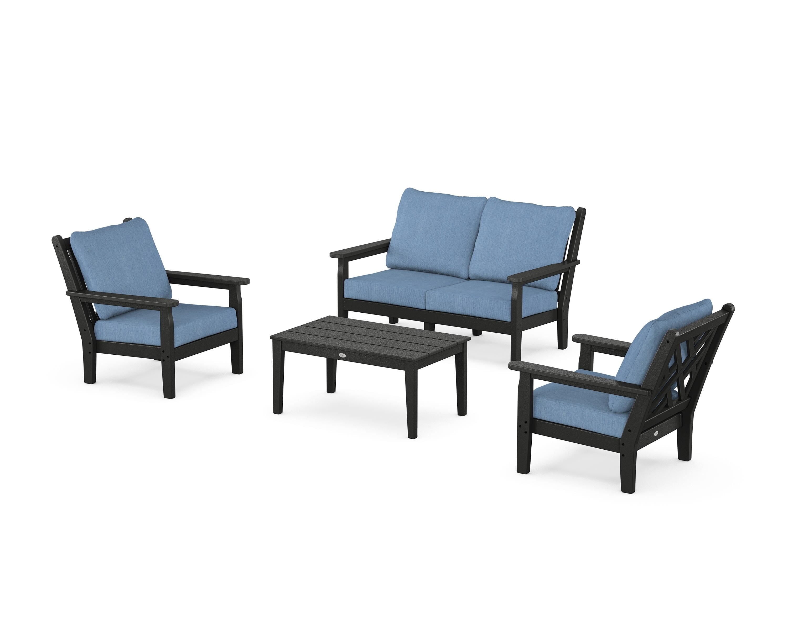 POLYWOOD Chippendale 4-Piece Deep Seating Set with Loveseat in Black / Sky Blue