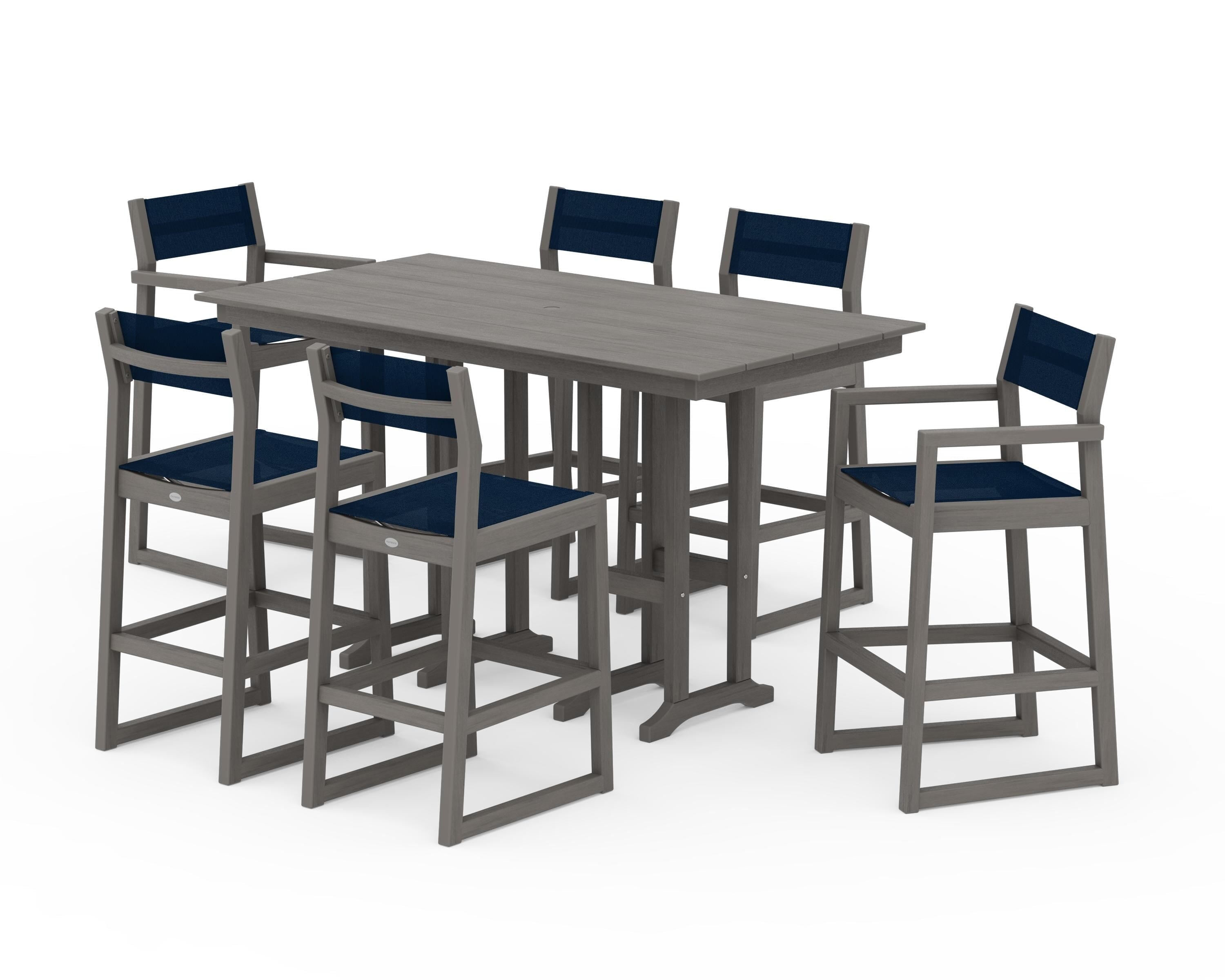 POLYWOOD EDGE Sling 7-Piece Farmhouse Bar Set in Driftwood / Navy Blue Sling