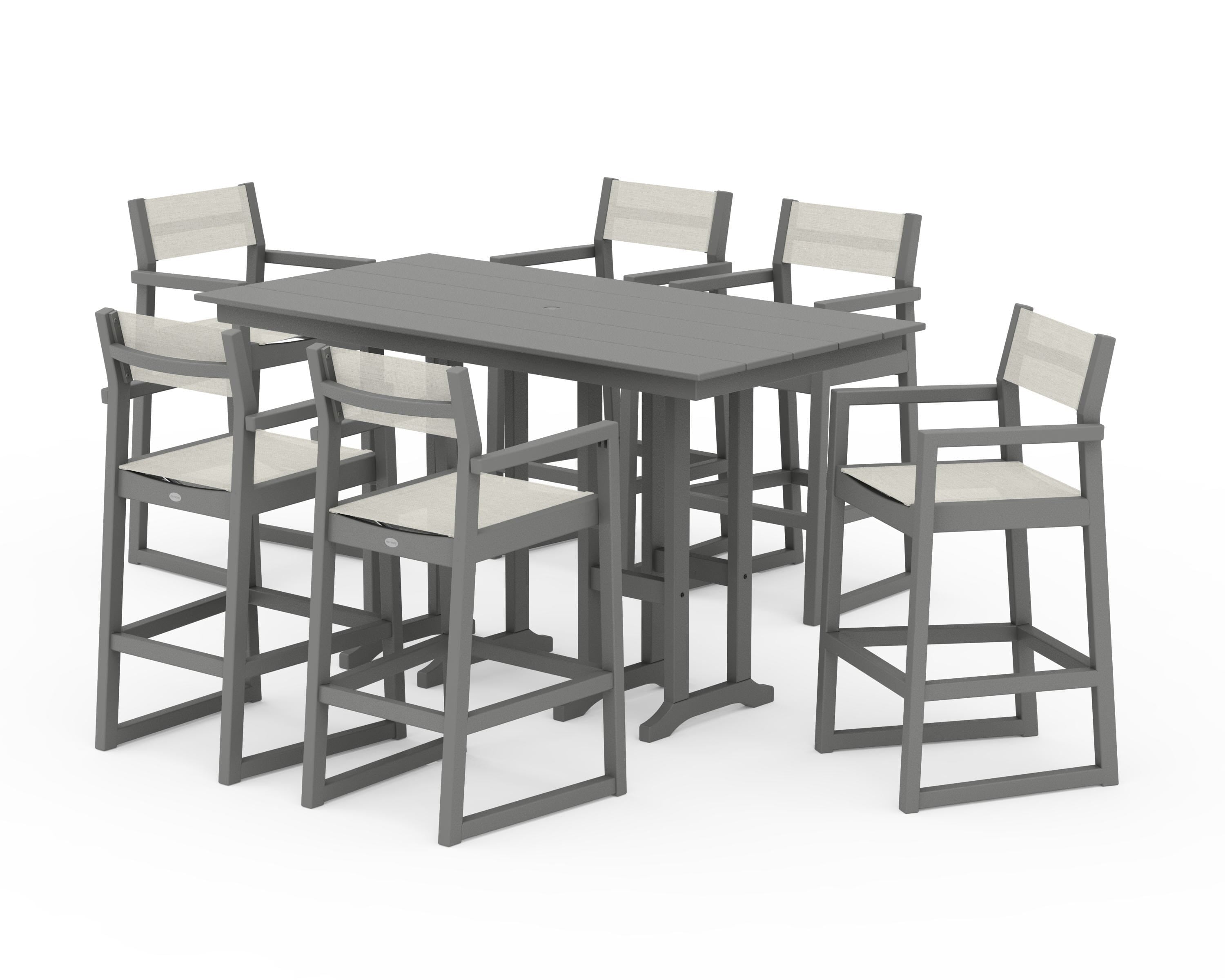 POLYWOOD EDGE Sling Arm Chair 7-Piece Farmhouse Bar Set in Slate Grey / Parchment Sling