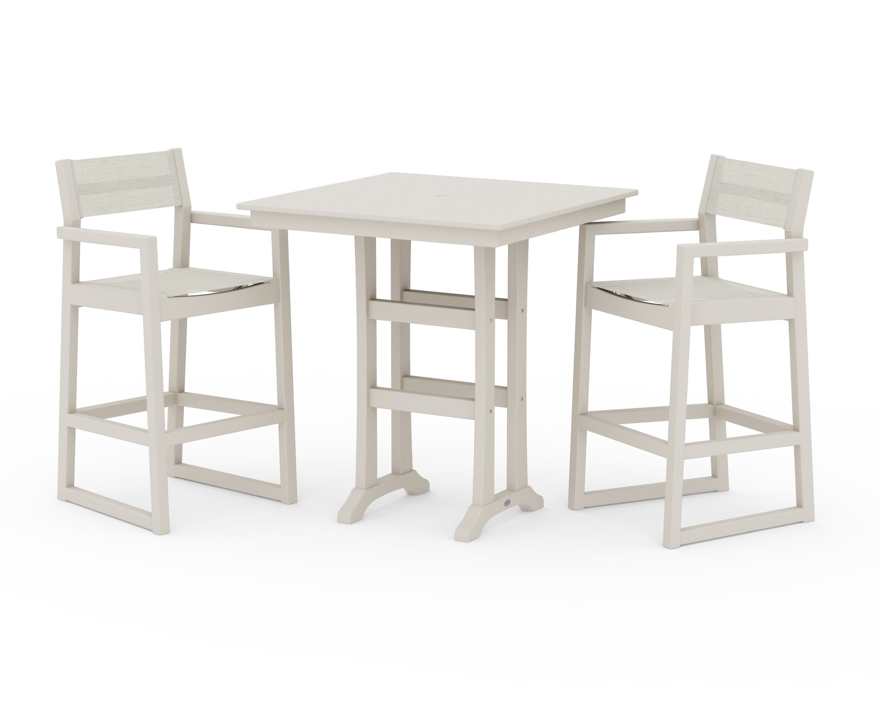 POLYWOOD EDGE Sling Arm Chair 3-Piece Farmhouse Bar Set with Trestle Legs in Sand / Parchment Sling