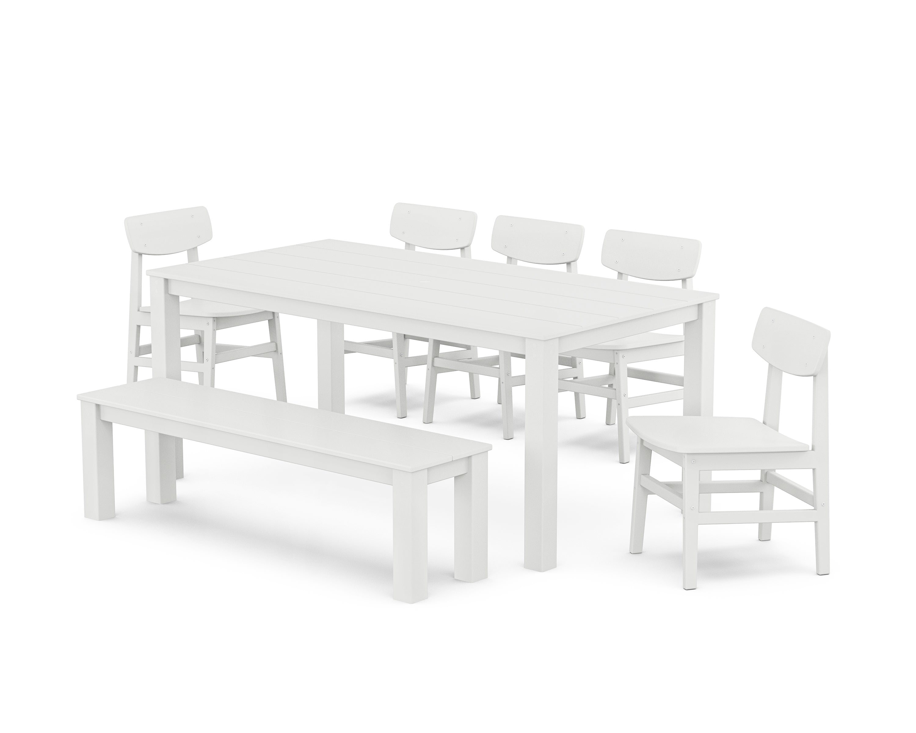 POLYWOOD Modern Studio Urban Chair 7-Piece Parsons Dining Set with Bench in White
