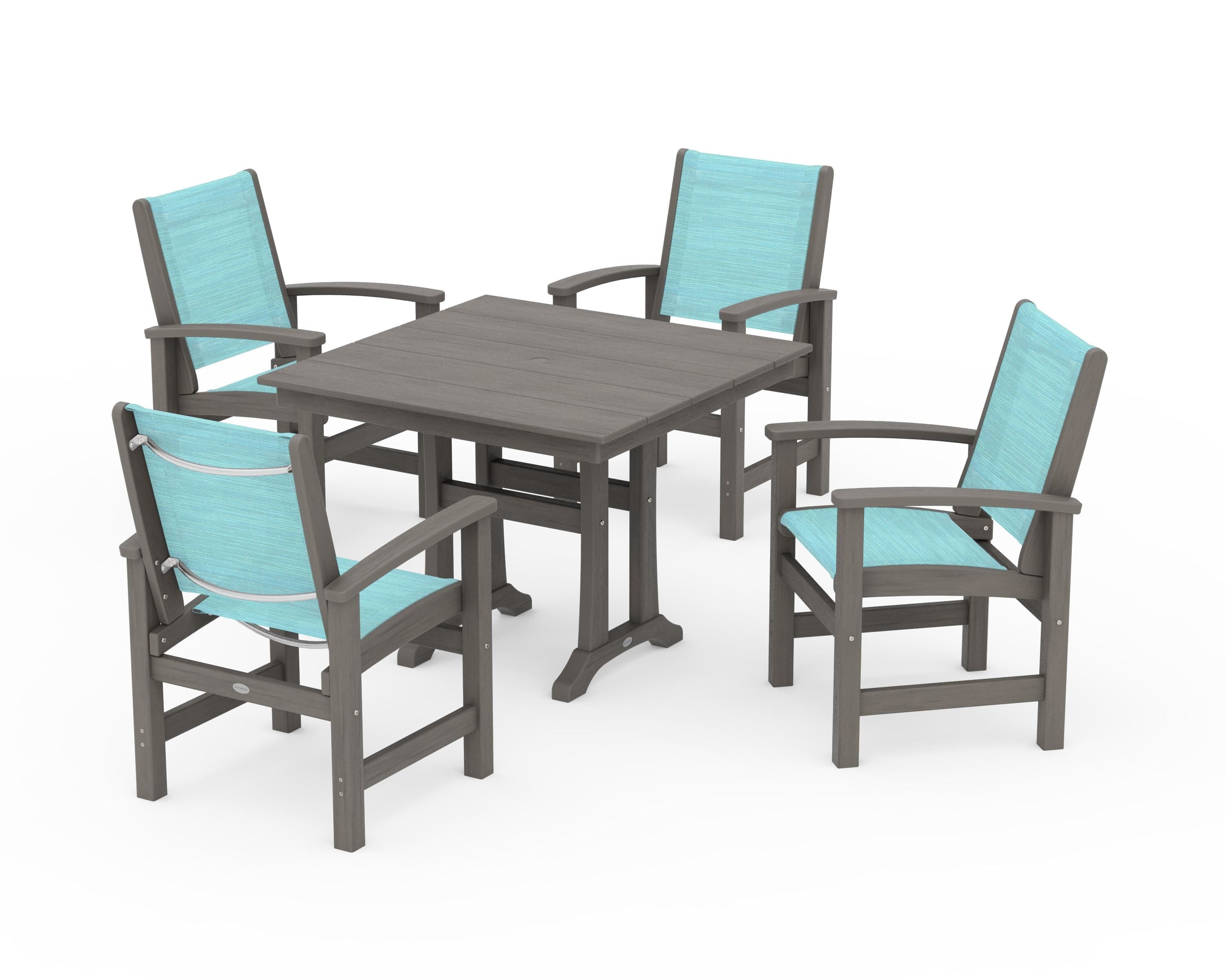 POLYWOOD Coastal 5-Piece Farmhouse Dining Set With Trestle Legs in Driftwood / Dupioni Aquamarine Sling