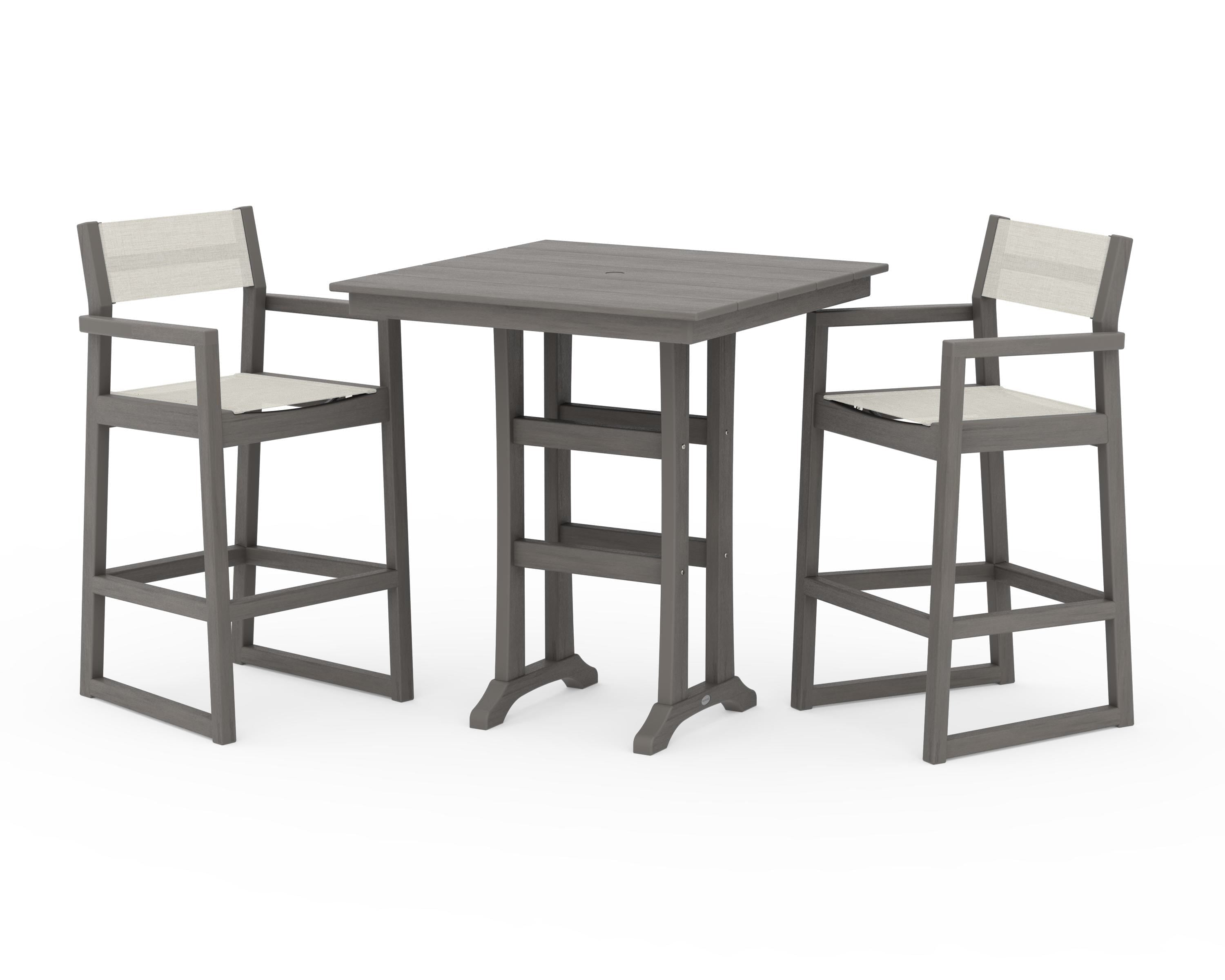 POLYWOOD EDGE Sling Arm Chair 3-Piece Farmhouse Bar Set with Trestle Legs in Driftwood / Parchment Sling