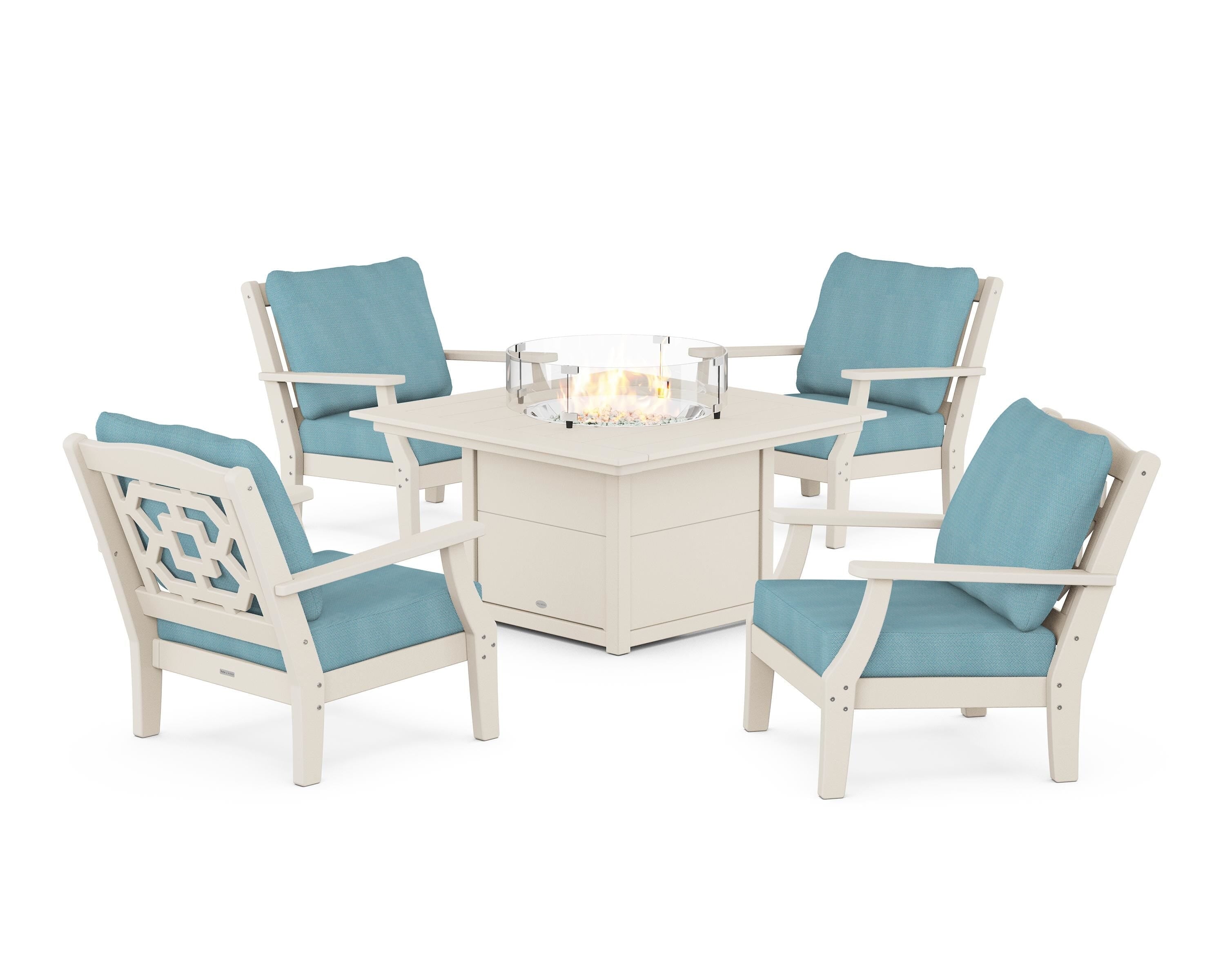 Martha Stewart by POLYWOOD Chinoiserie 5-Piece Deep Seating Set with Fire Pit Table in Sand / Lattice Sky Blue