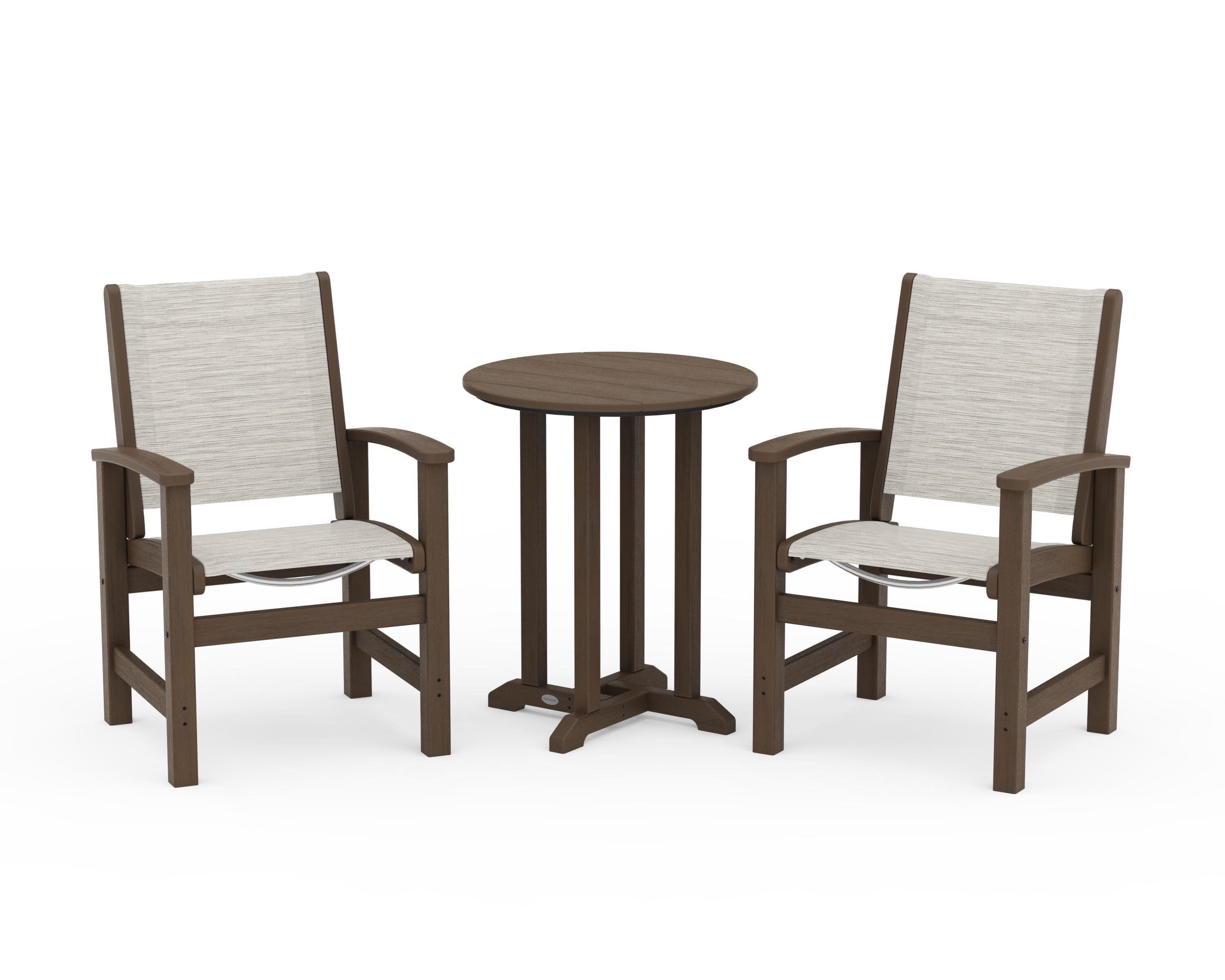 POLYWOOD Coastal 3-Piece Round Bistro Dining Set in Kona / Birch Sling