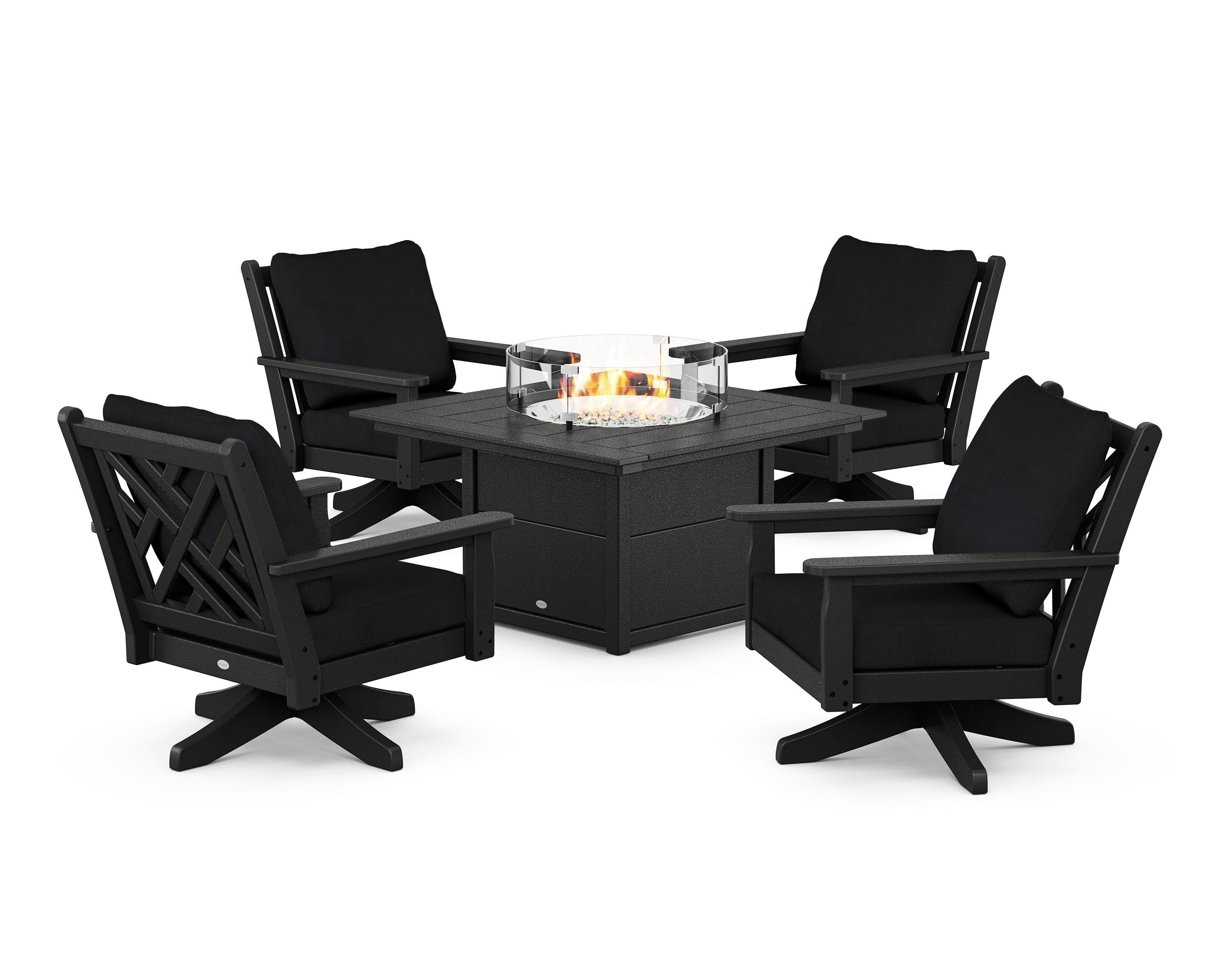 POLYWOOD Chippendale 5-Piece Deep Seating Swivel Conversation Set with Fire Pit Table in Black / Midnight Linen