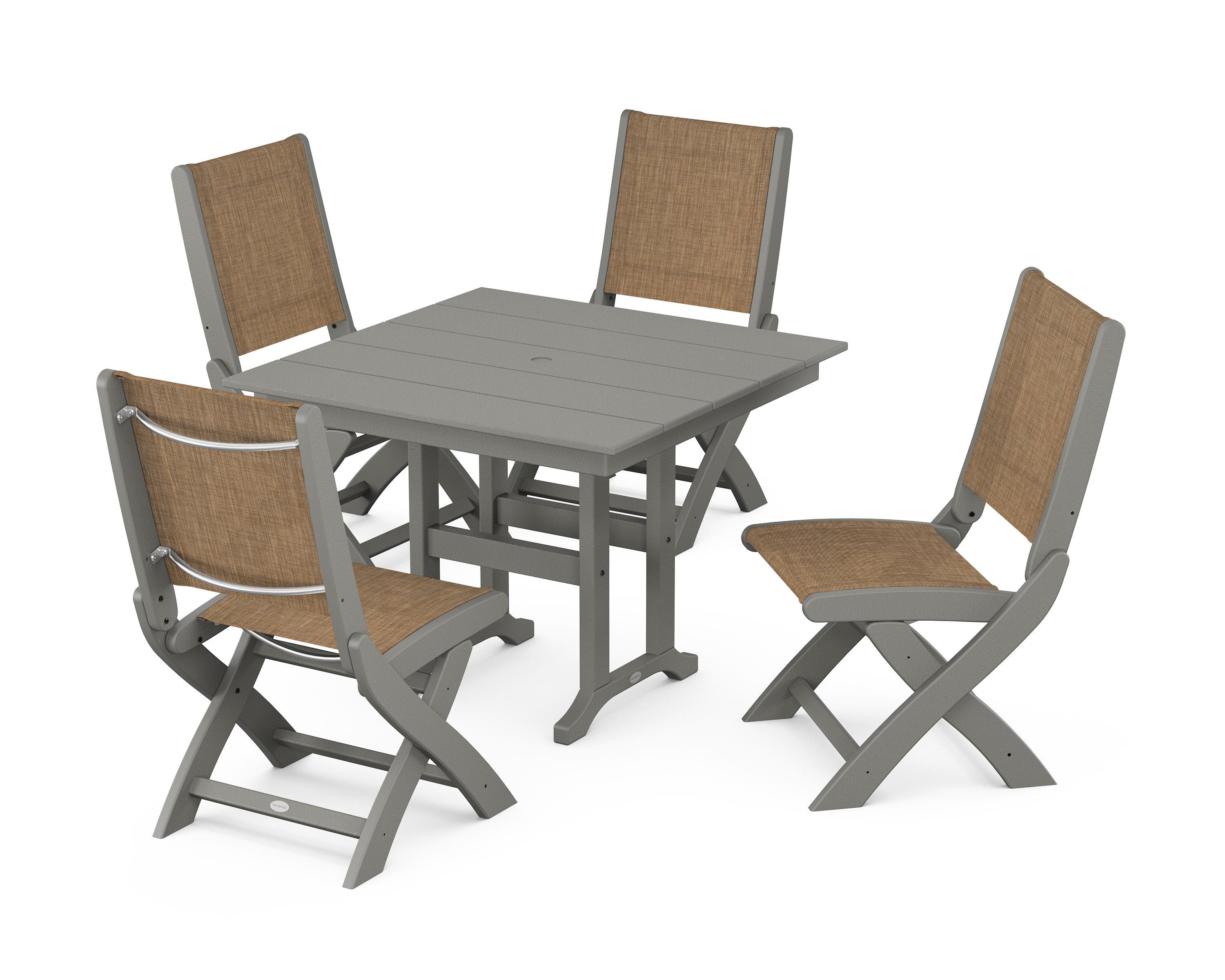 POLYWOOD Coastal Folding Side Chair 5-Piece Farmhouse Dining Set in Slate Grey / Burlap Sling