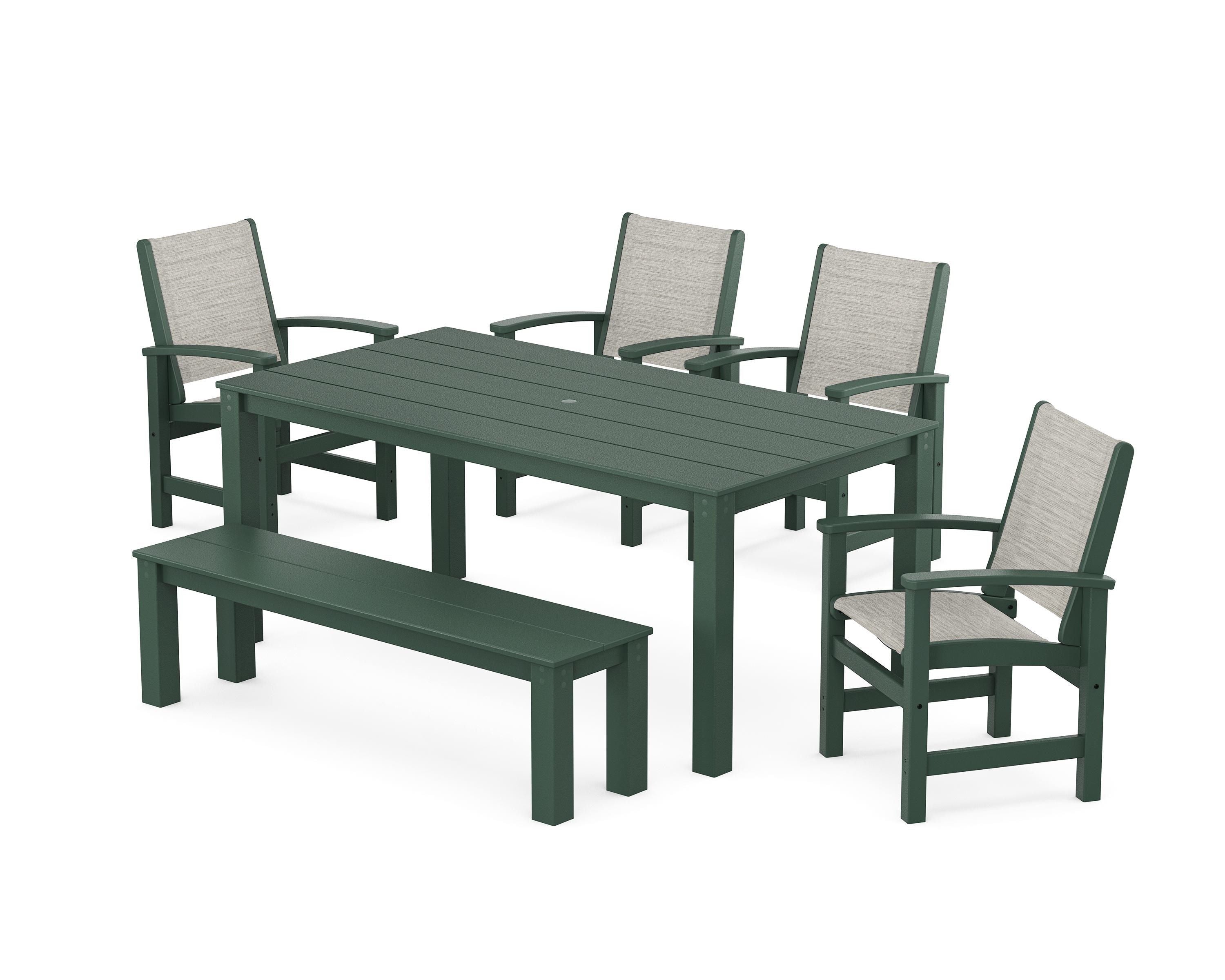 POLYWOOD Coastal 6-Piece Parsons Dining Set with Bench in Green / Birch Sling