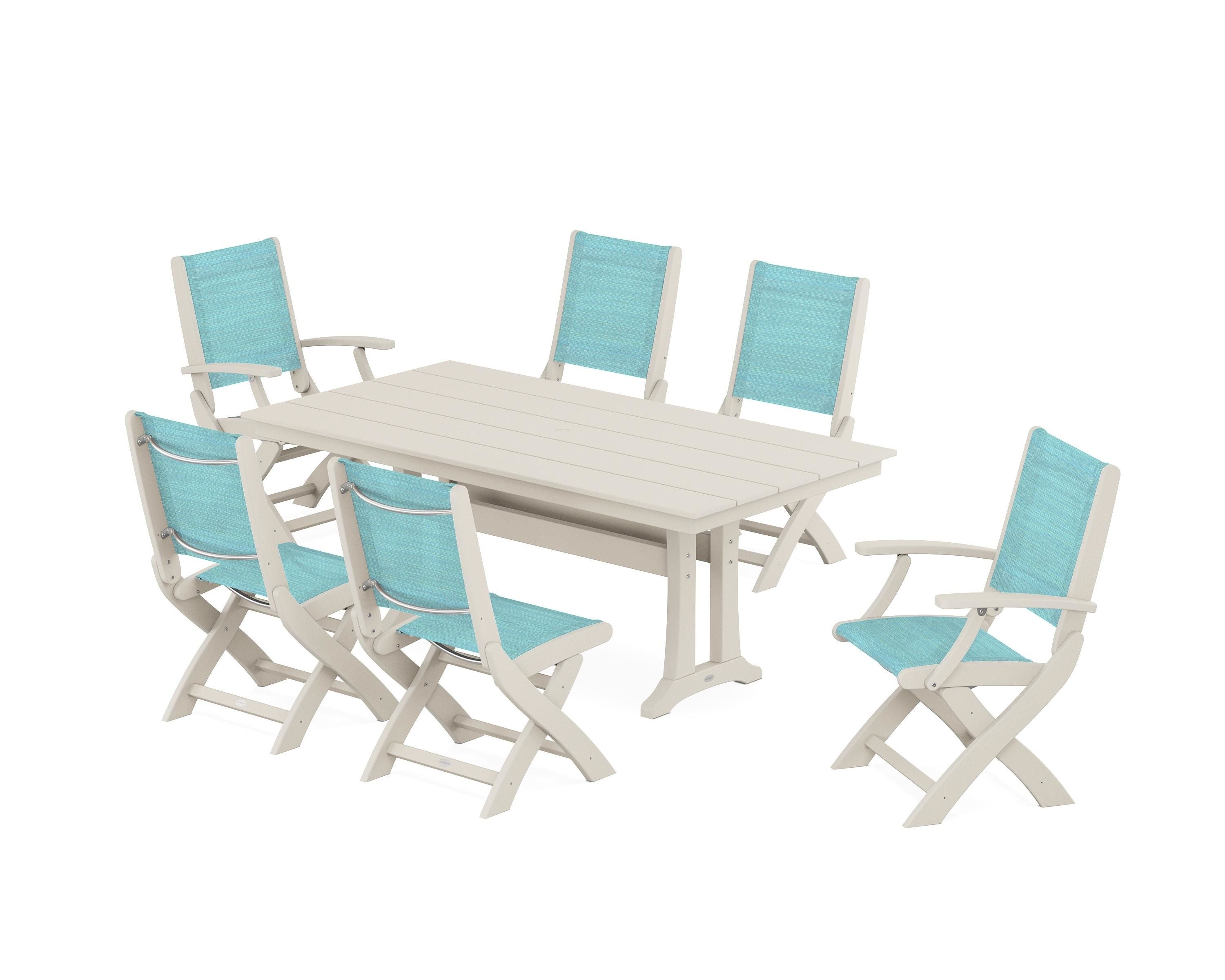 POLYWOOD Coastal Folding Chair 7-Piece Farmhouse Dining Set with Trestle Legs in Sand / Dupioni Aquamarine Sling