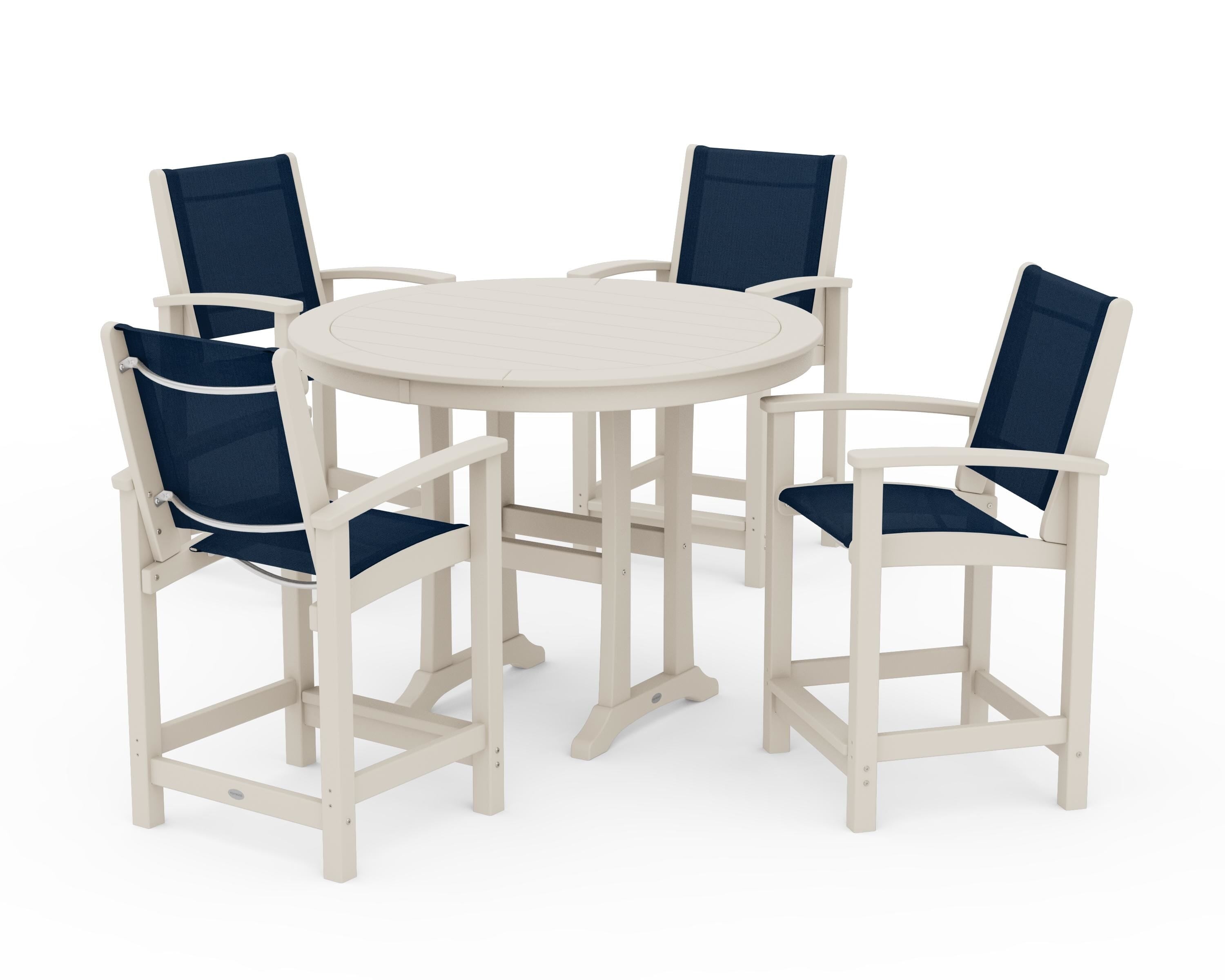 POLYWOOD Coastal 5-Piece Counter Set in Sand / Navy Blue Sling