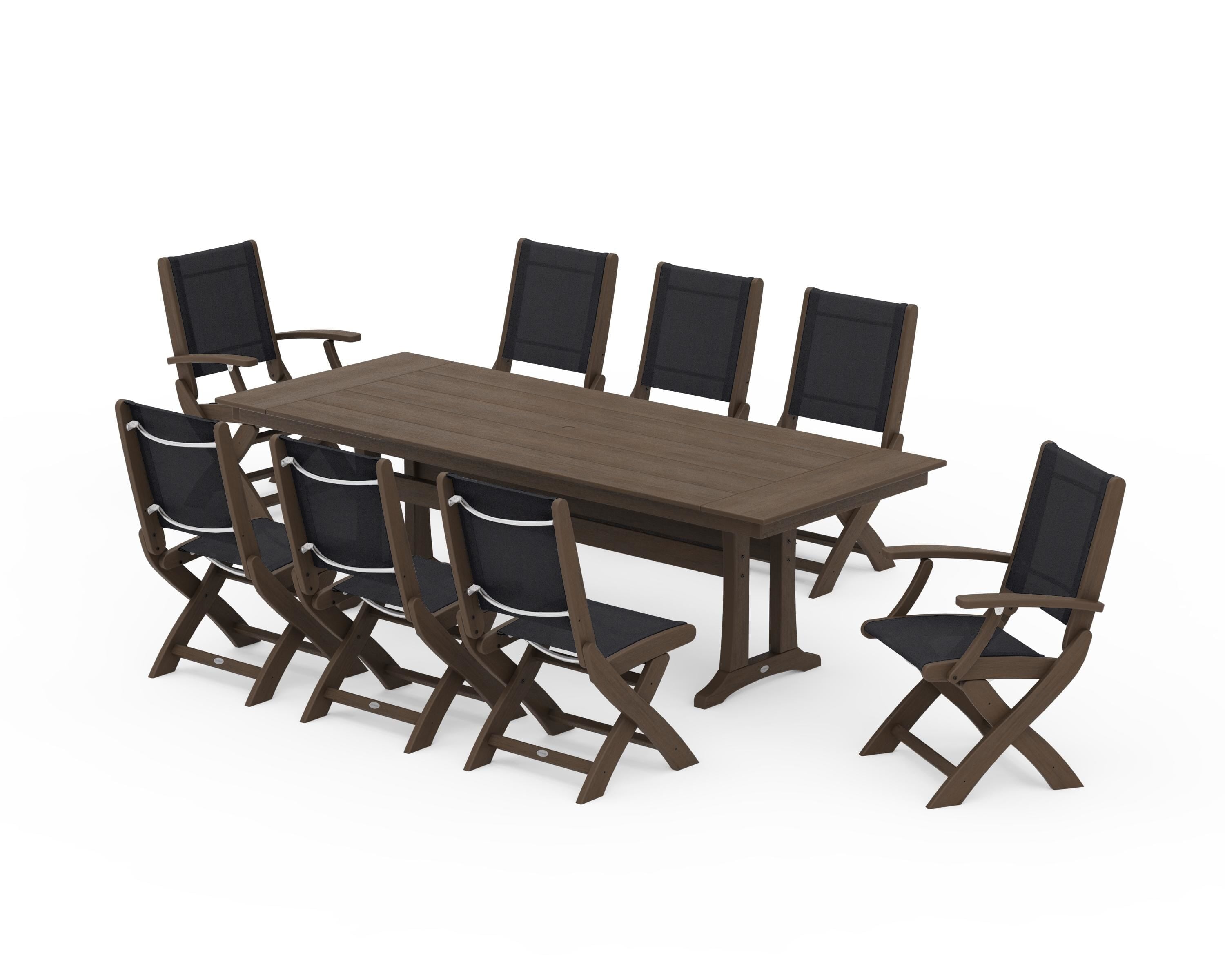 POLYWOOD Coastal 9-Piece Folding Dining Chair Farmhouse Dining Set with Trestle Legs in Kona / Black Sling