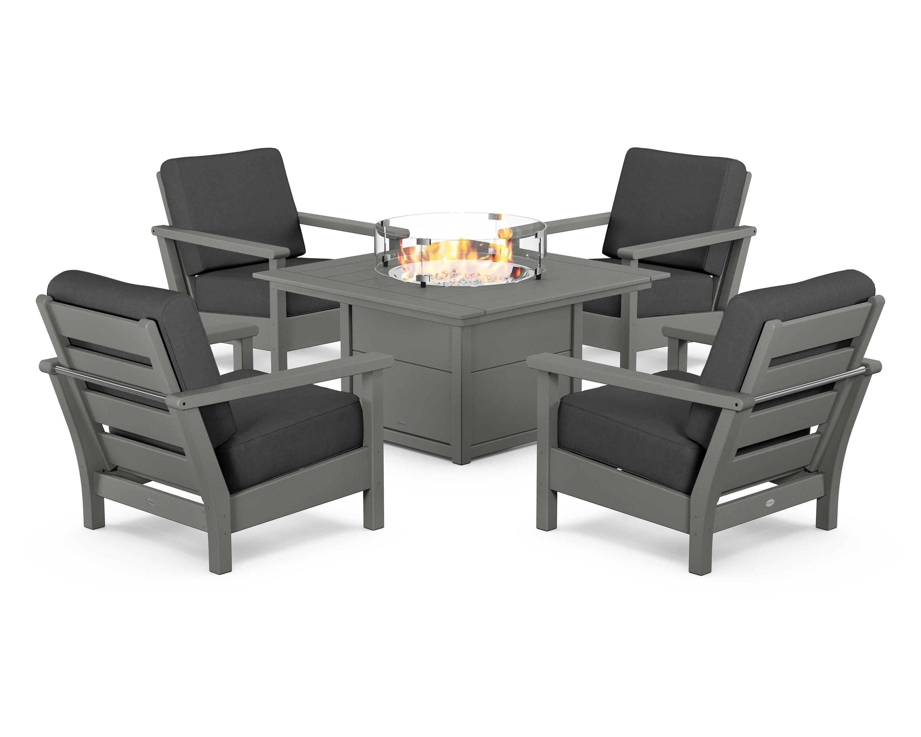 POLYWOOD Harbour 5-Piece Conversation Set with Fire Pit Table in Slate Grey / Spectrum Carbon
