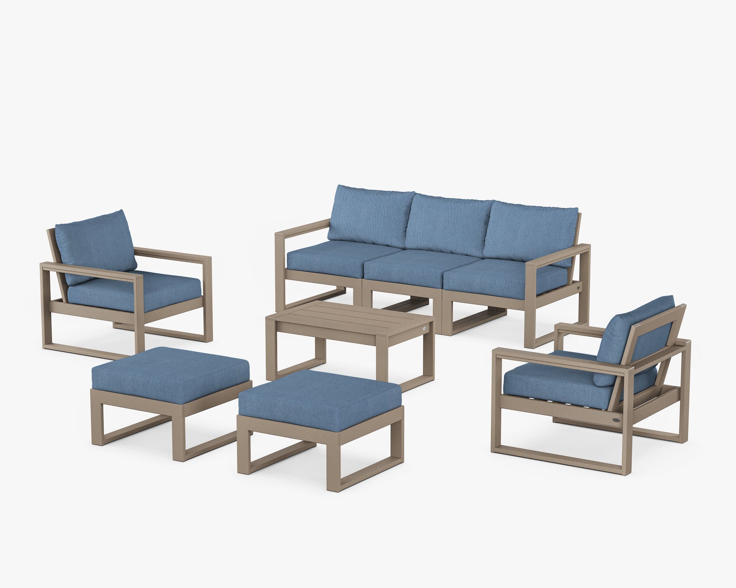POLYWOOD EDGE Sectional 8-Piece Lounge Sofa Set in Vintage Sahara / Sky Blue