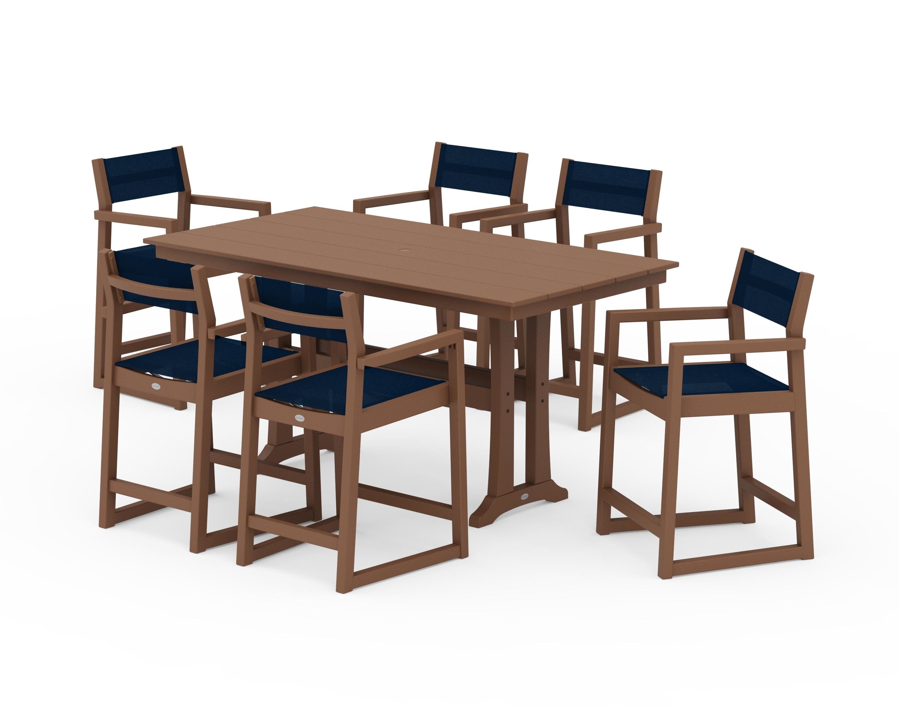 POLYWOOD EDGE Sling Arm Chair 7-Piece Farmhouse Counter Set with Trestle Legs in Teak / Navy Blue Sling
