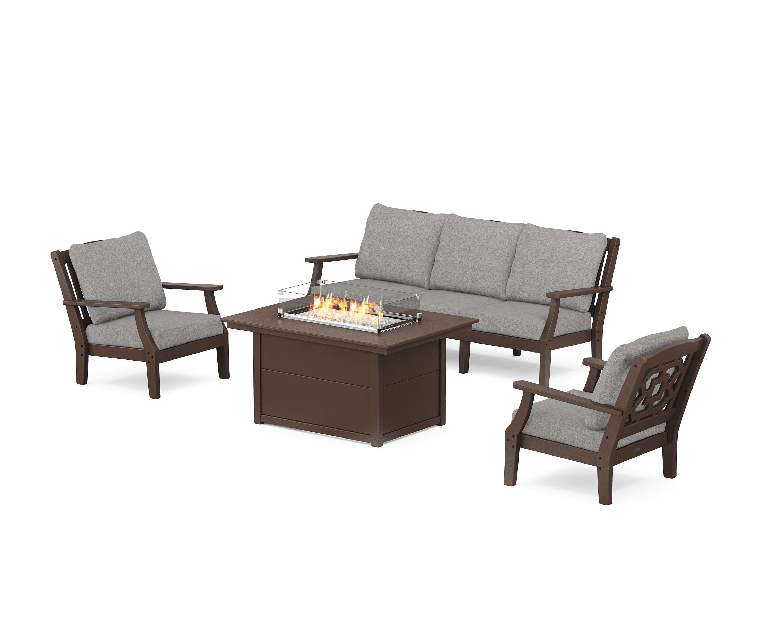 Martha Stewart by POLYWOOD Chinoiserie Deep Seating Fire Pit Table Set in Mahogany / Grey Mist