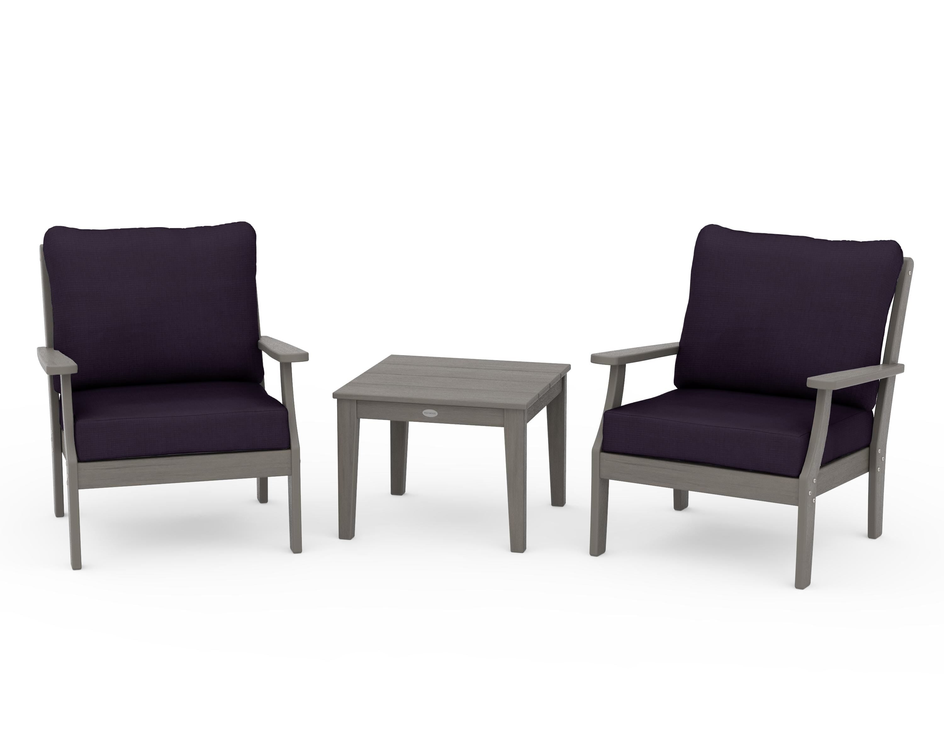 POLYWOOD Braxton 3-Piece Deep Seating Set in Driftwood / Navy Linen