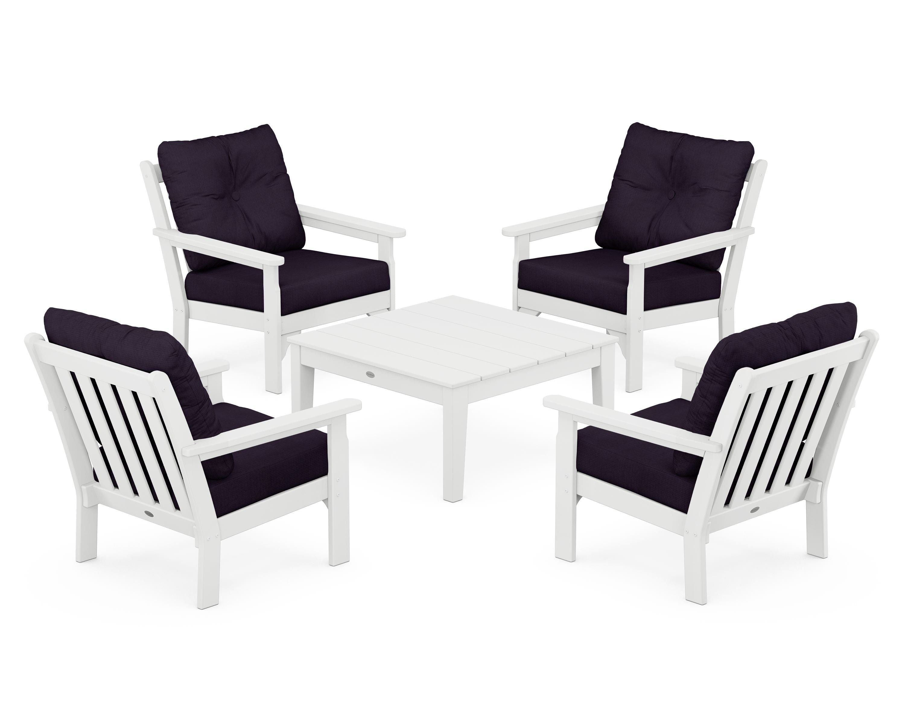POLYWOOD Vineyard 5-Piece Deep Seating Conversation Set in White / Navy Linen