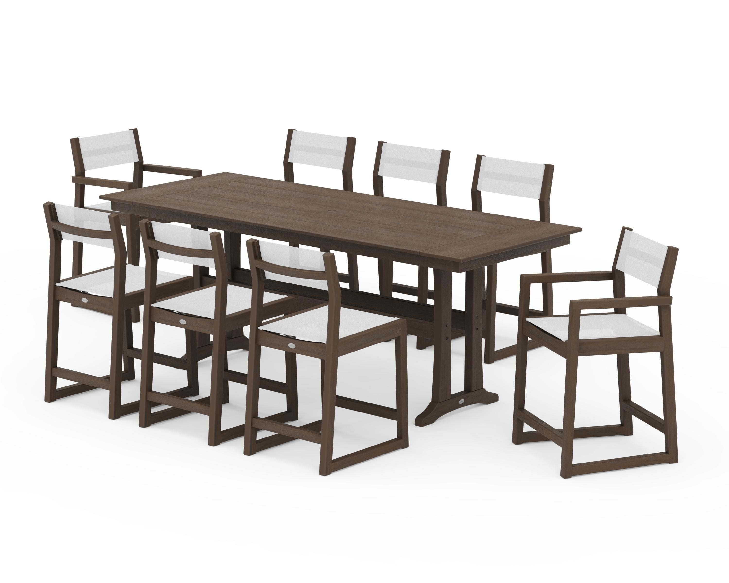 POLYWOOD EDGE Sling 9-Piece Farmhouse Counter Set with Trestle Legs in Kona / White Sling