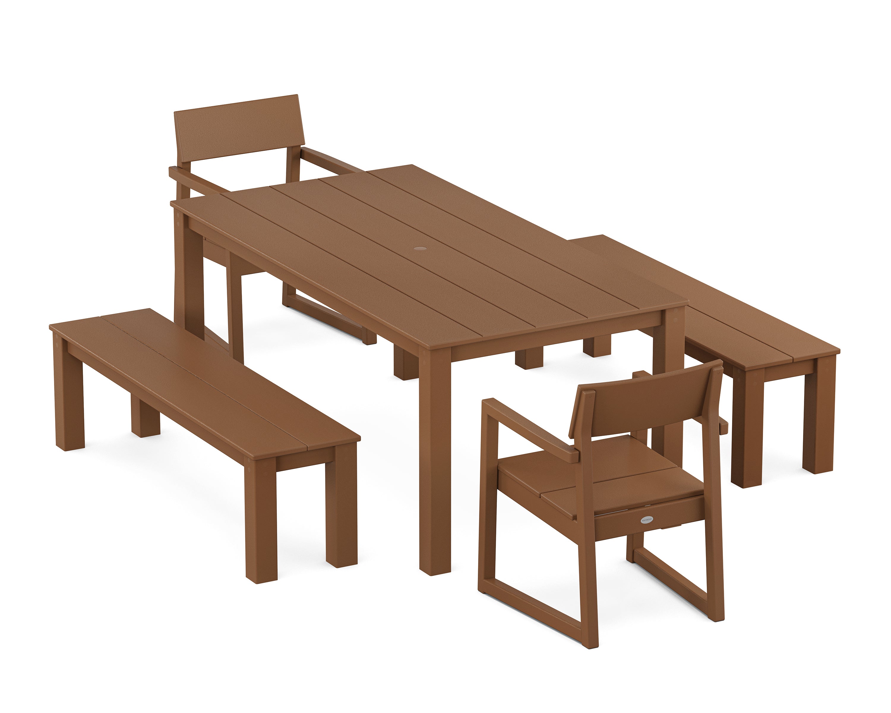 POLYWOOD EDGE 5-Piece Parsons Dining Set with Benches in Teak