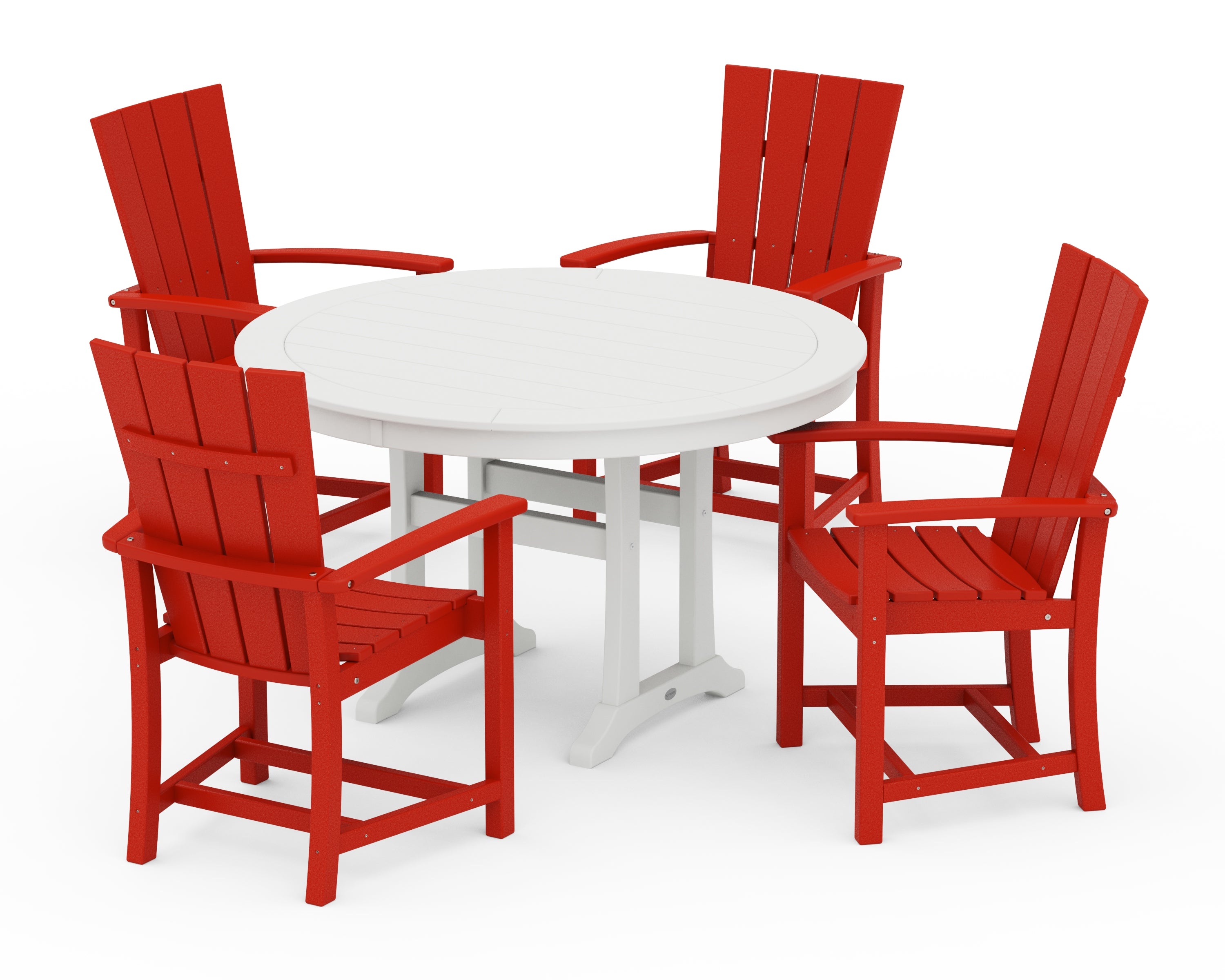 POLYWOOD Quattro 5-Piece Round Dining Set with Trestle Legs in Sunset Red / White