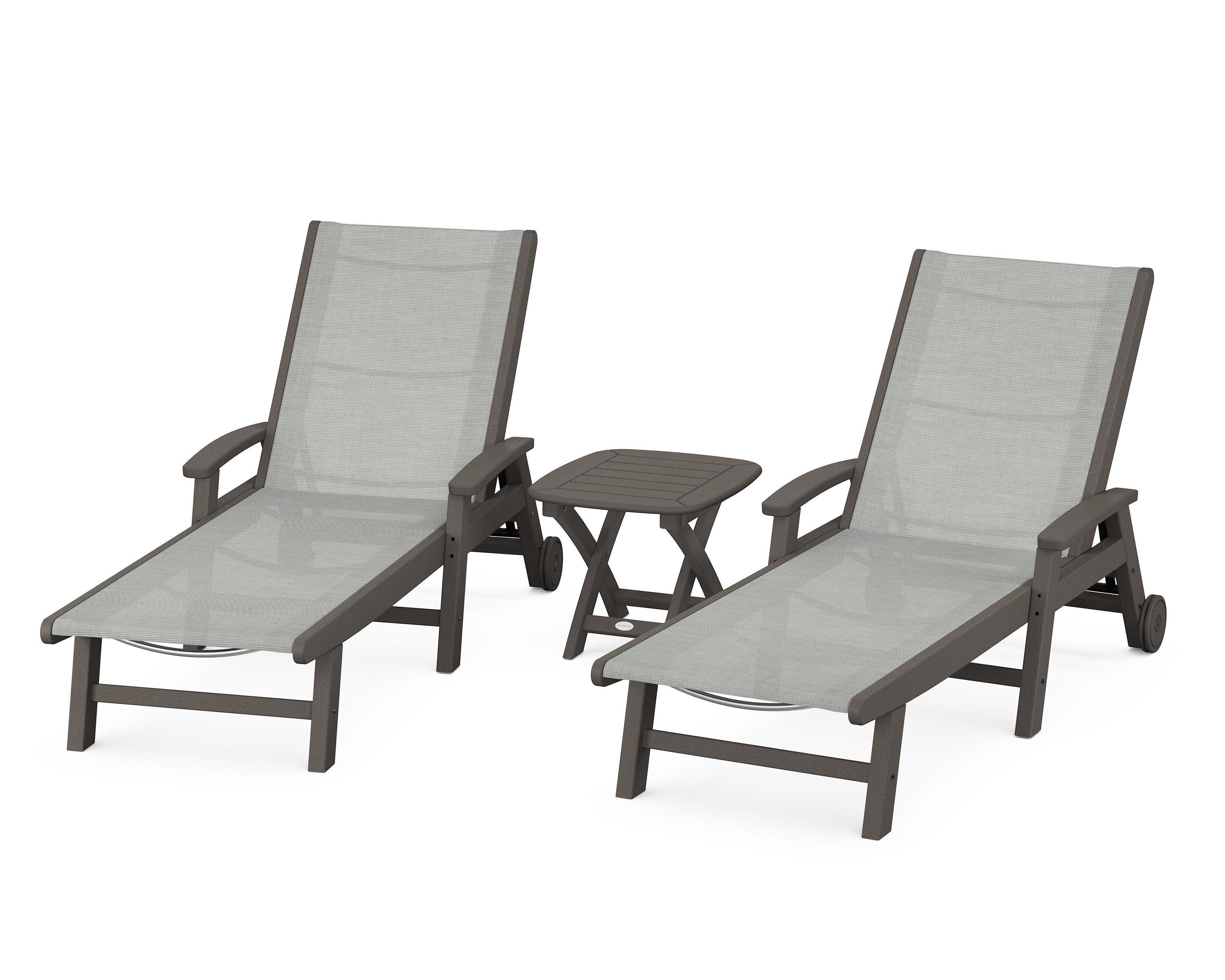 POLYWOOD Coastal 3-Piece Wheeled Chaise Set in Vintage Coffee / Metallic Sling